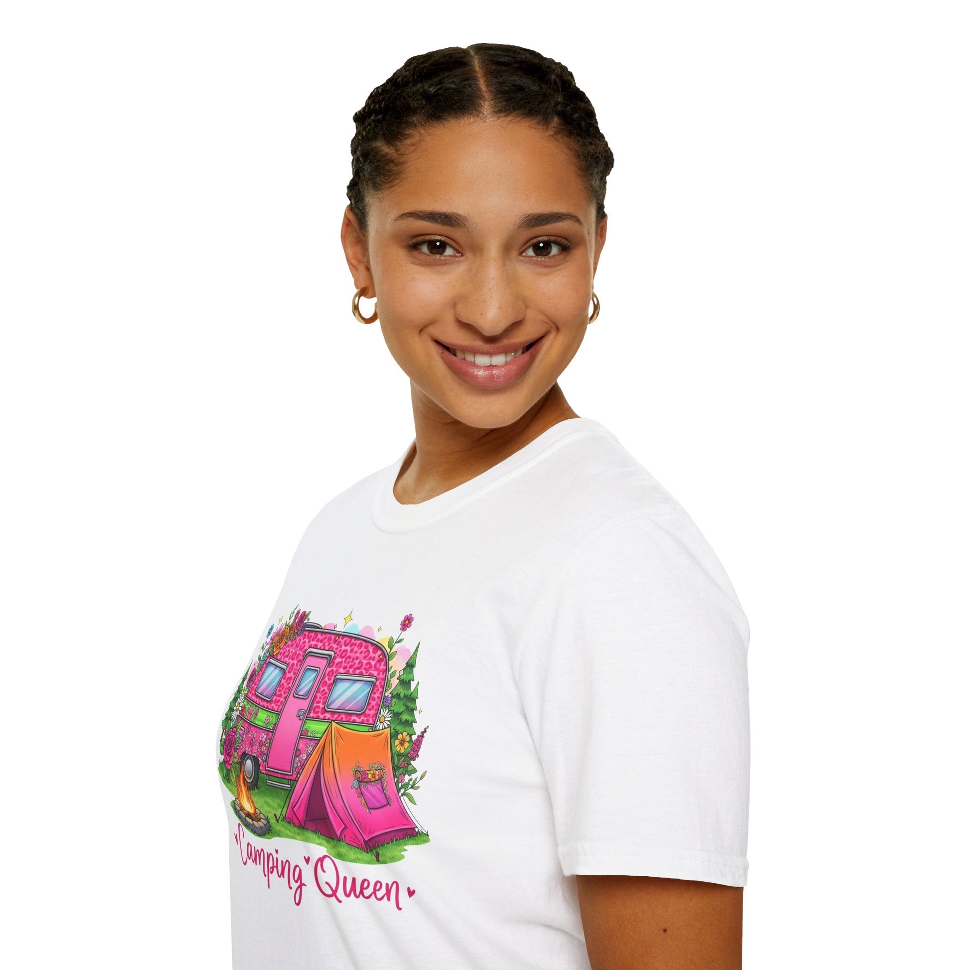 Woman wearing white Camping Queen T-Shirt with colorful camping-themed graphic on front