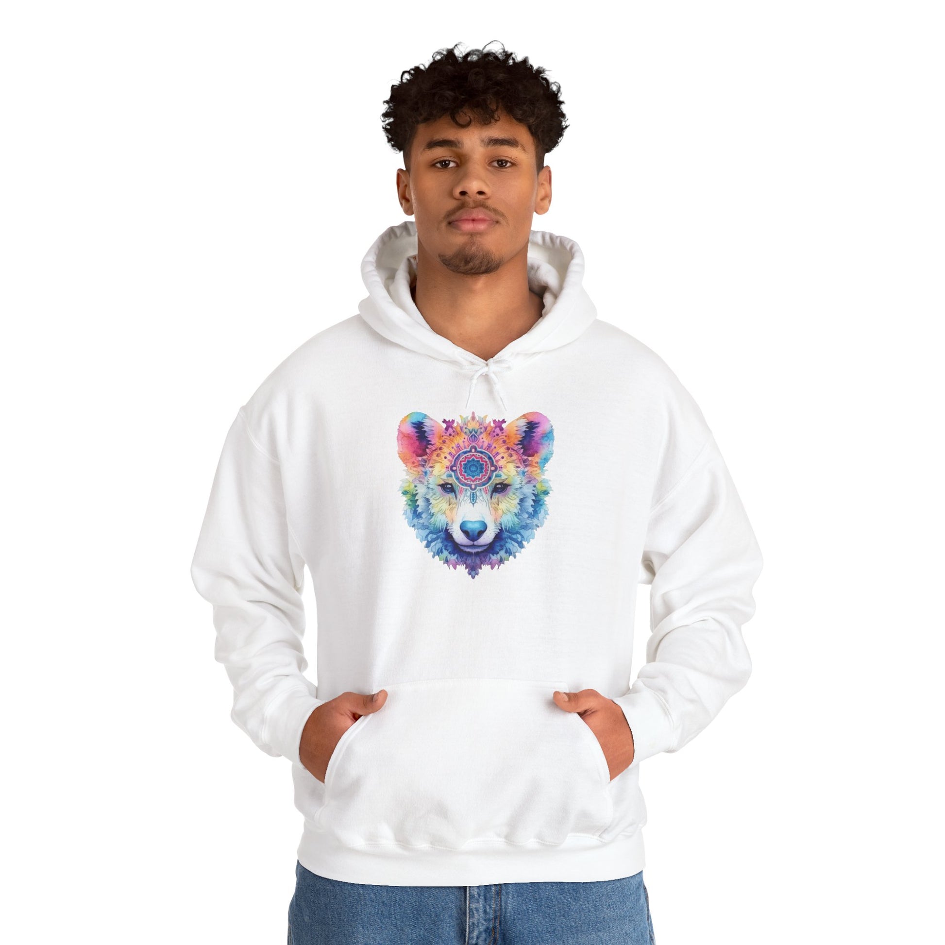 Mandala Bear Hoodie – Vibrant Watercolor Animal Art Sweatshirt for Bold, Free-Spirited Souls