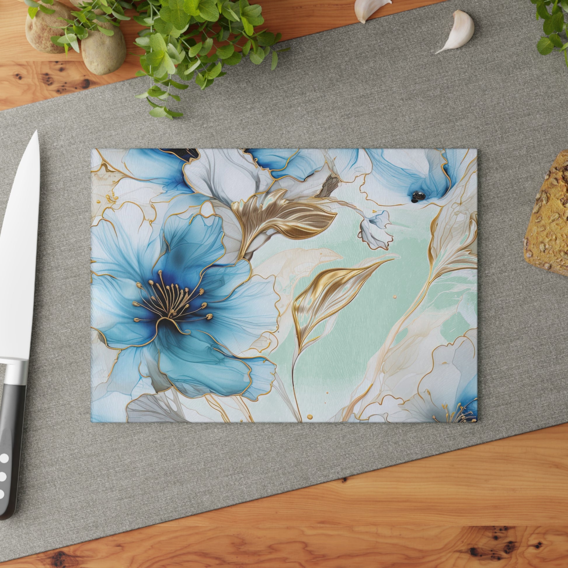 Elegant Aqua Floral Glass Cutting Board with Gold Accents