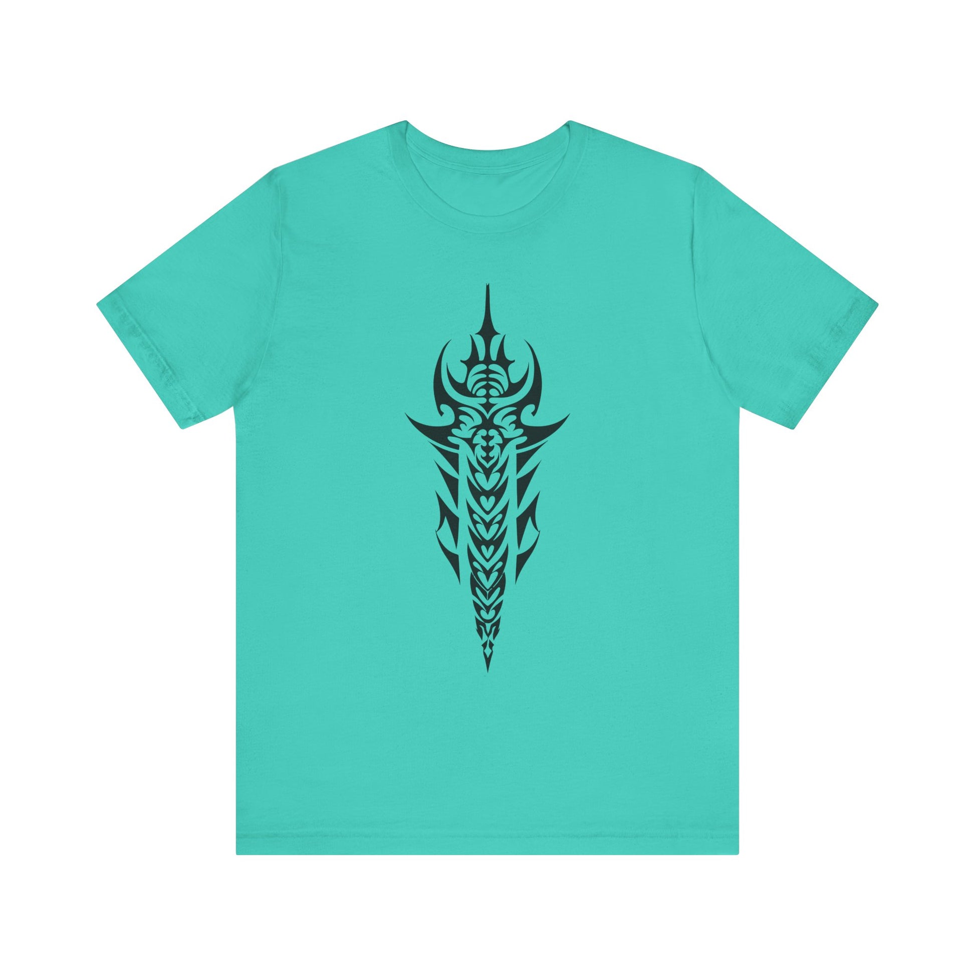 Tribal Sword T-Shirt – Bold Black Tattoo Art on Aqua Tee