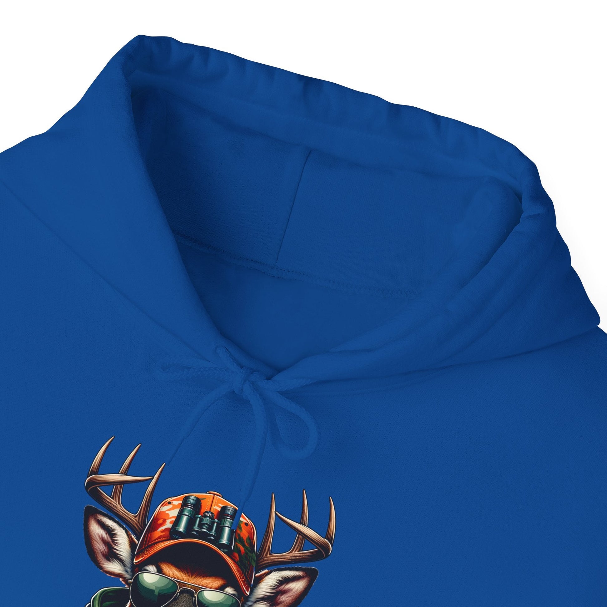 Blue hooded sweatshirt featuring a bold deer design with antlers and a camo hat with binoculars.