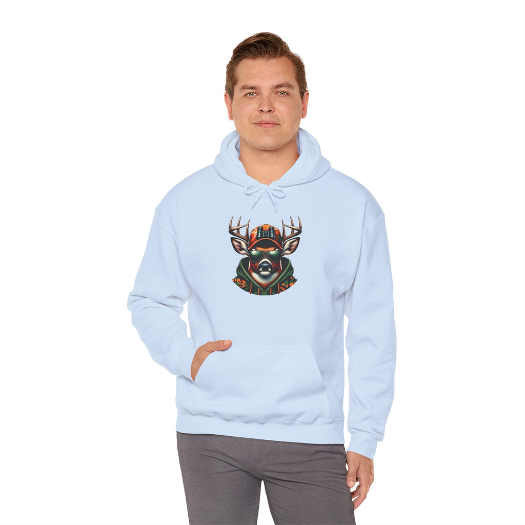 Man wearing light blue hooded sweatshirt with bold deer design and kangaroo pocket