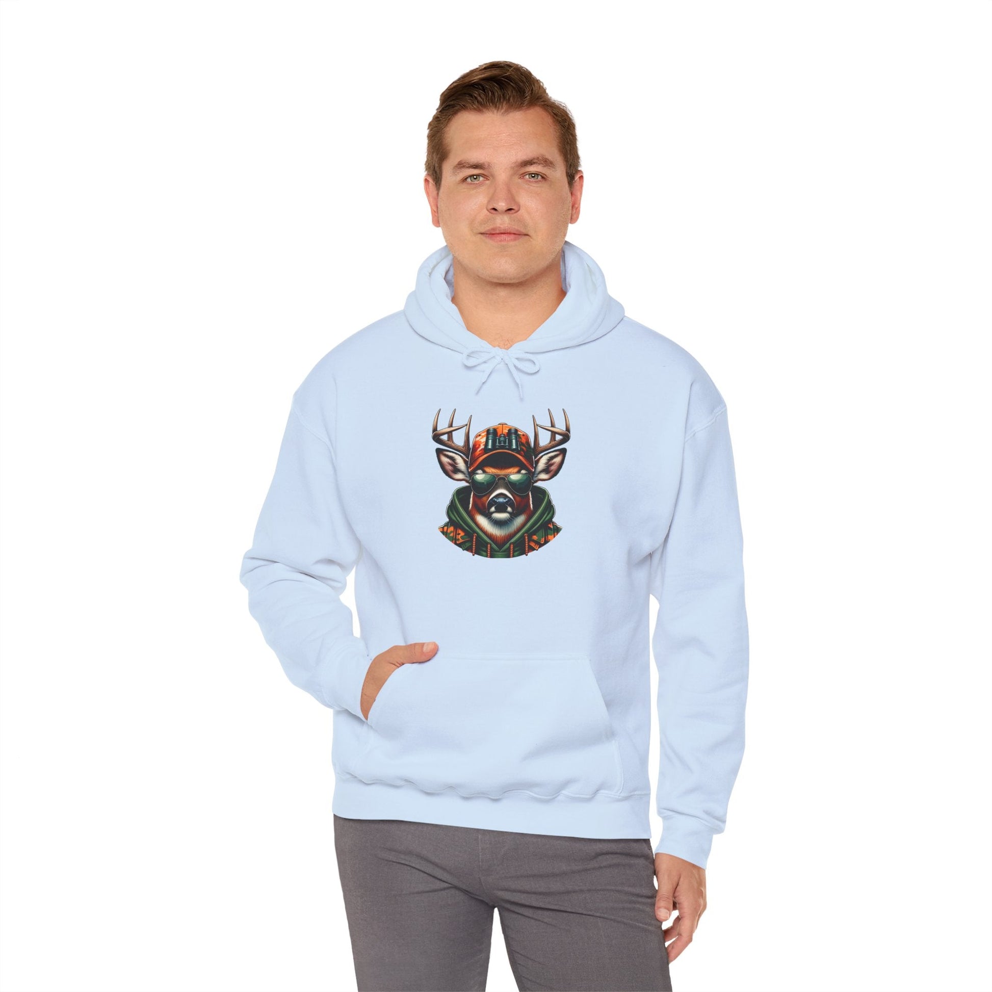 Man wearing light blue hooded sweatshirt with bold deer design and kangaroo pocket
