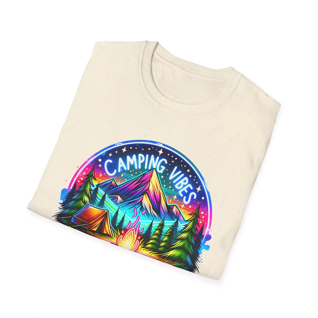 Unisex softstyle t-shirt with colorful Camping Vibes mountain and campfire graphic design
