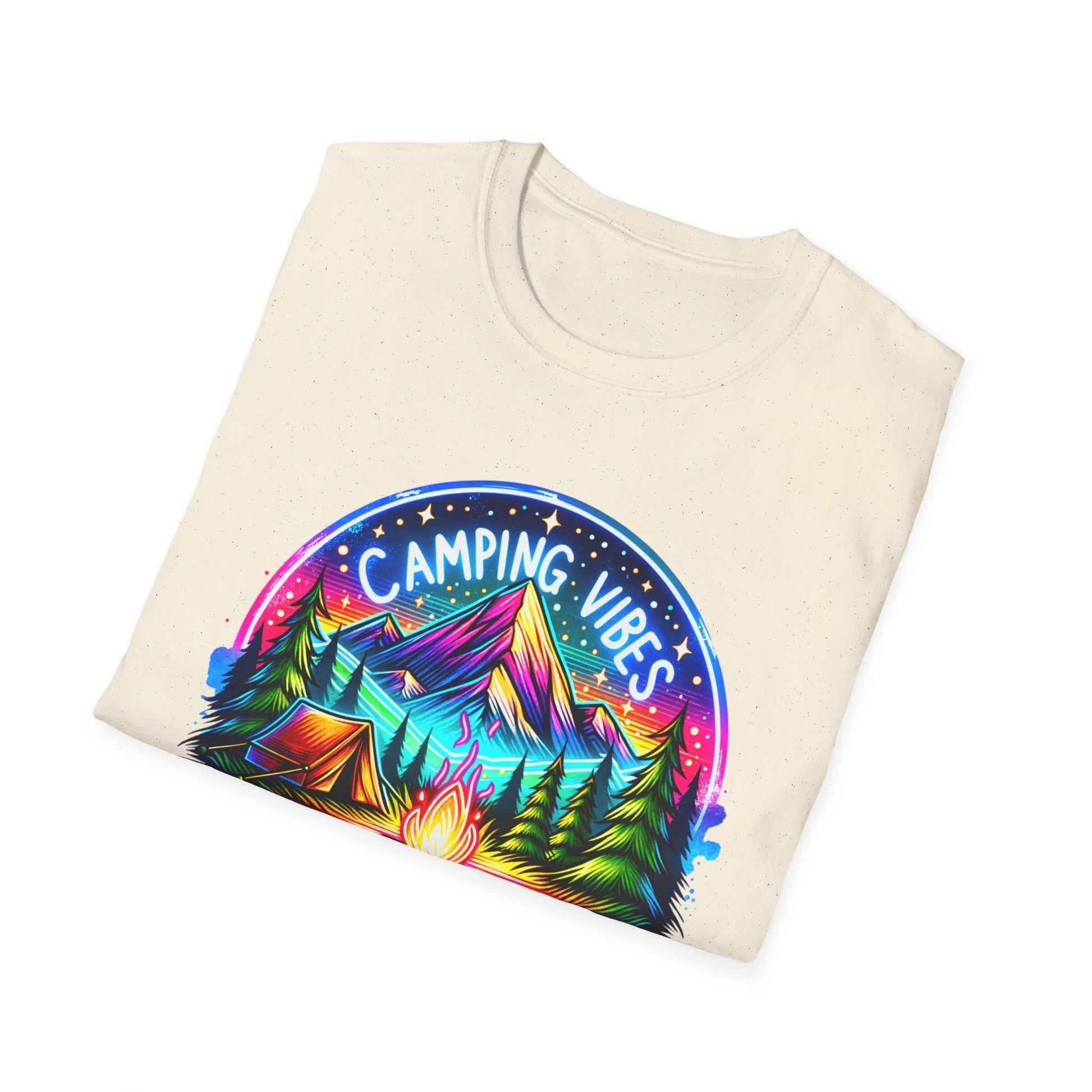 Unisex softstyle t-shirt with colorful Camping Vibes mountain and campfire graphic design