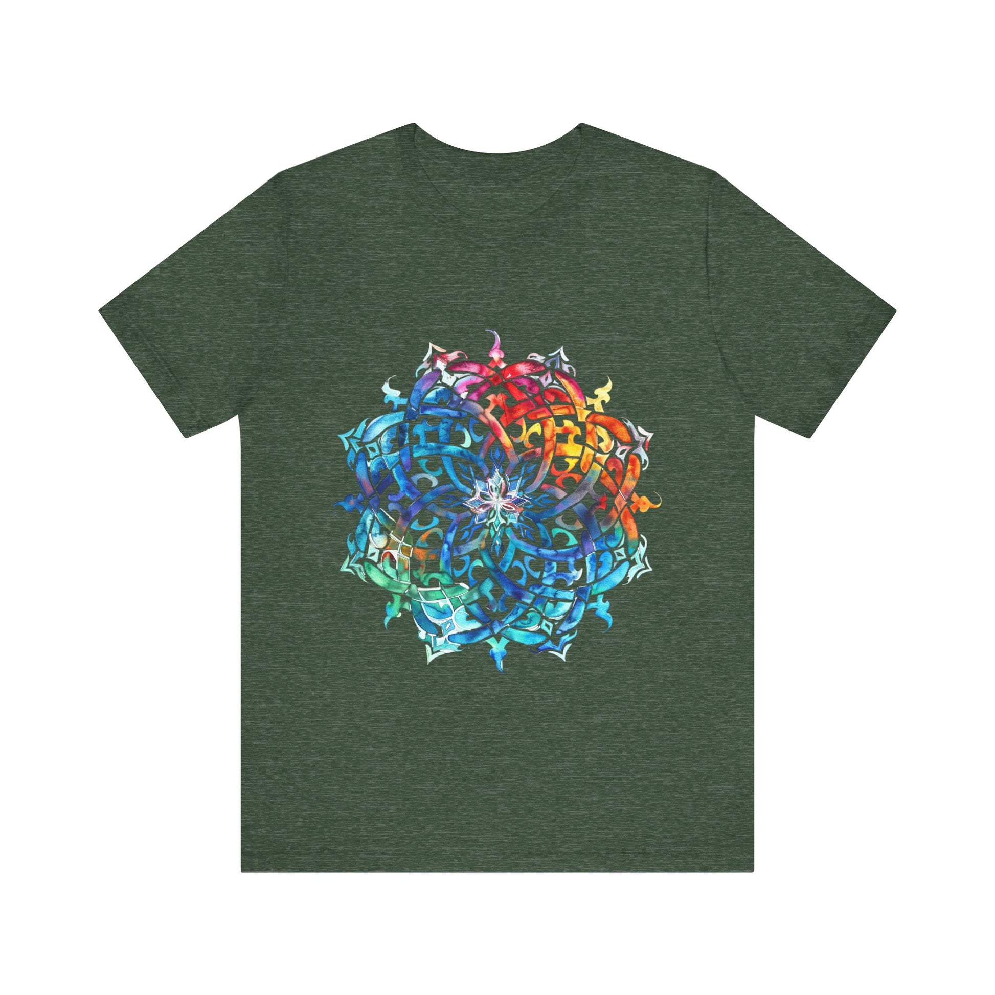 Artistic tee with a radiant rainbow mandala design, available in vibrant color options