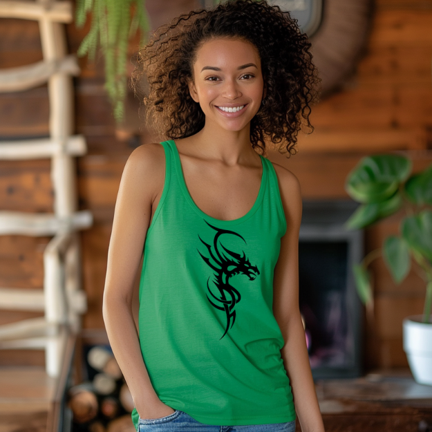 Racerback tank with a fierce black tribal dragon for bold, edgy style