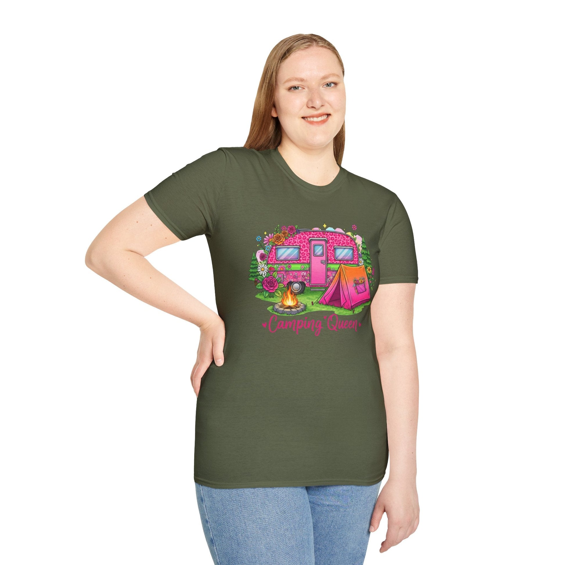 Woman wearing green Camping Queen T-Shirt with colorful camping trailer and tent graphic