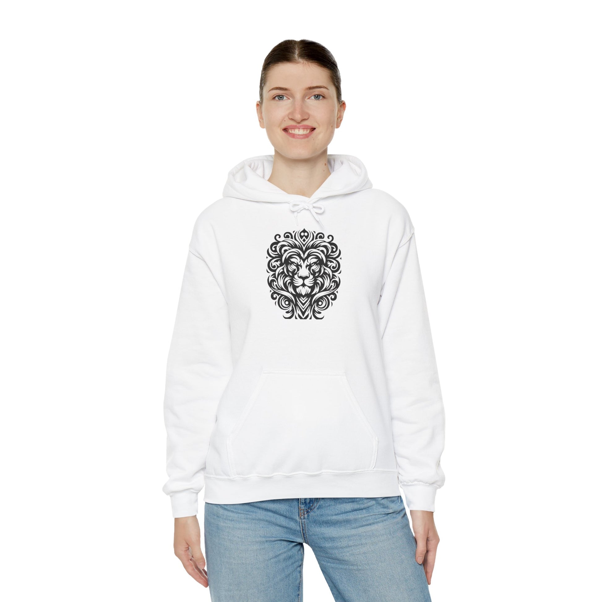 Majestic Tribal Lion Hoodie – Bold Strength in Black Ink Art