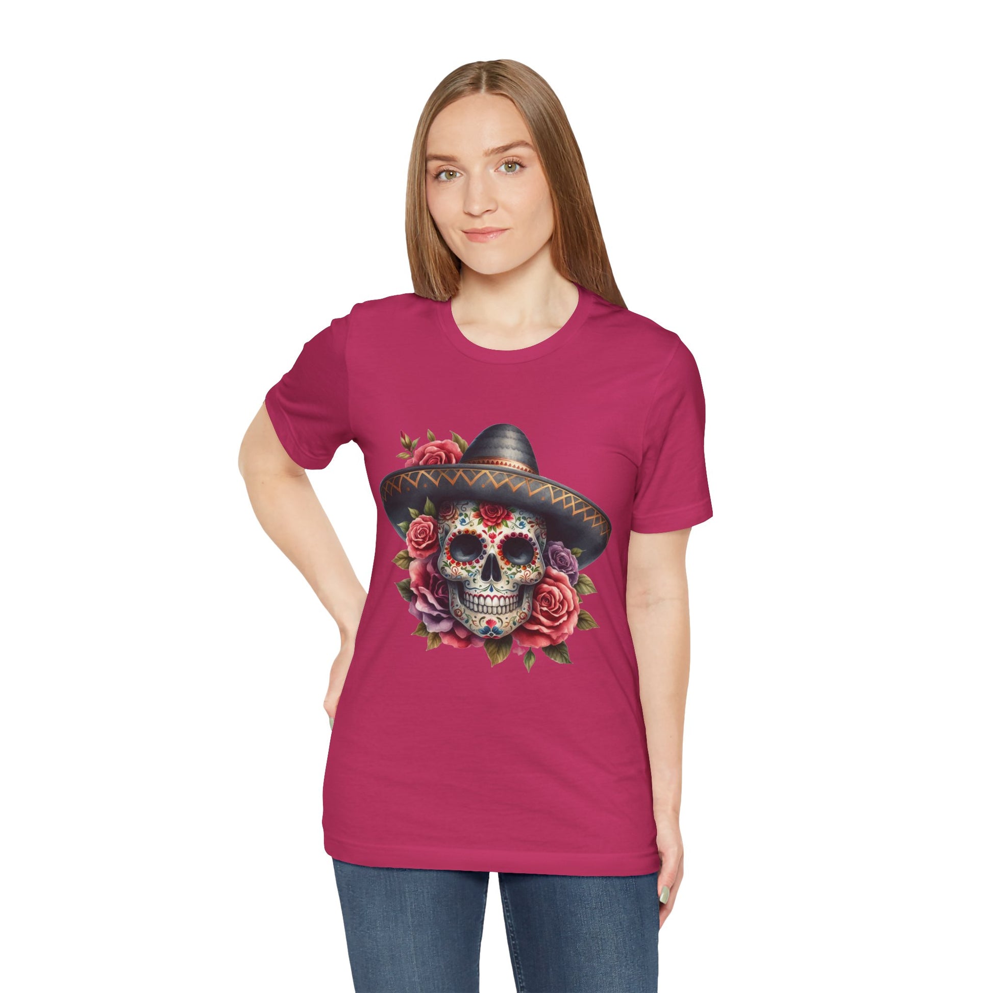 Colorful tee featuring a sugar skull in sombrero and roses for vibrant fiesta vibes