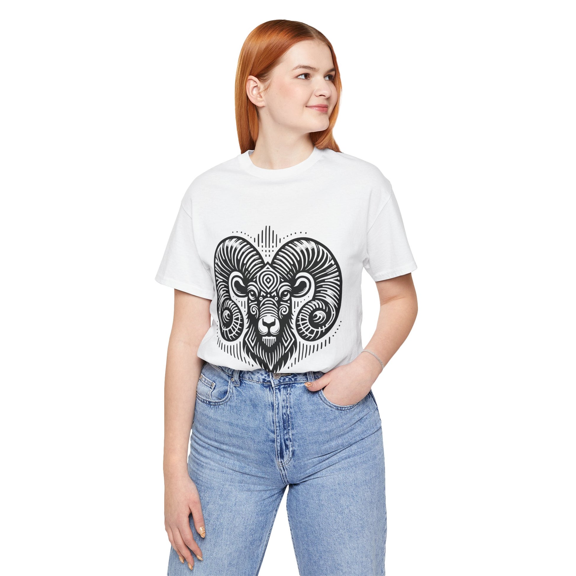 Striking tee with an intricate black tribal ram design, offered in vibrant color options
