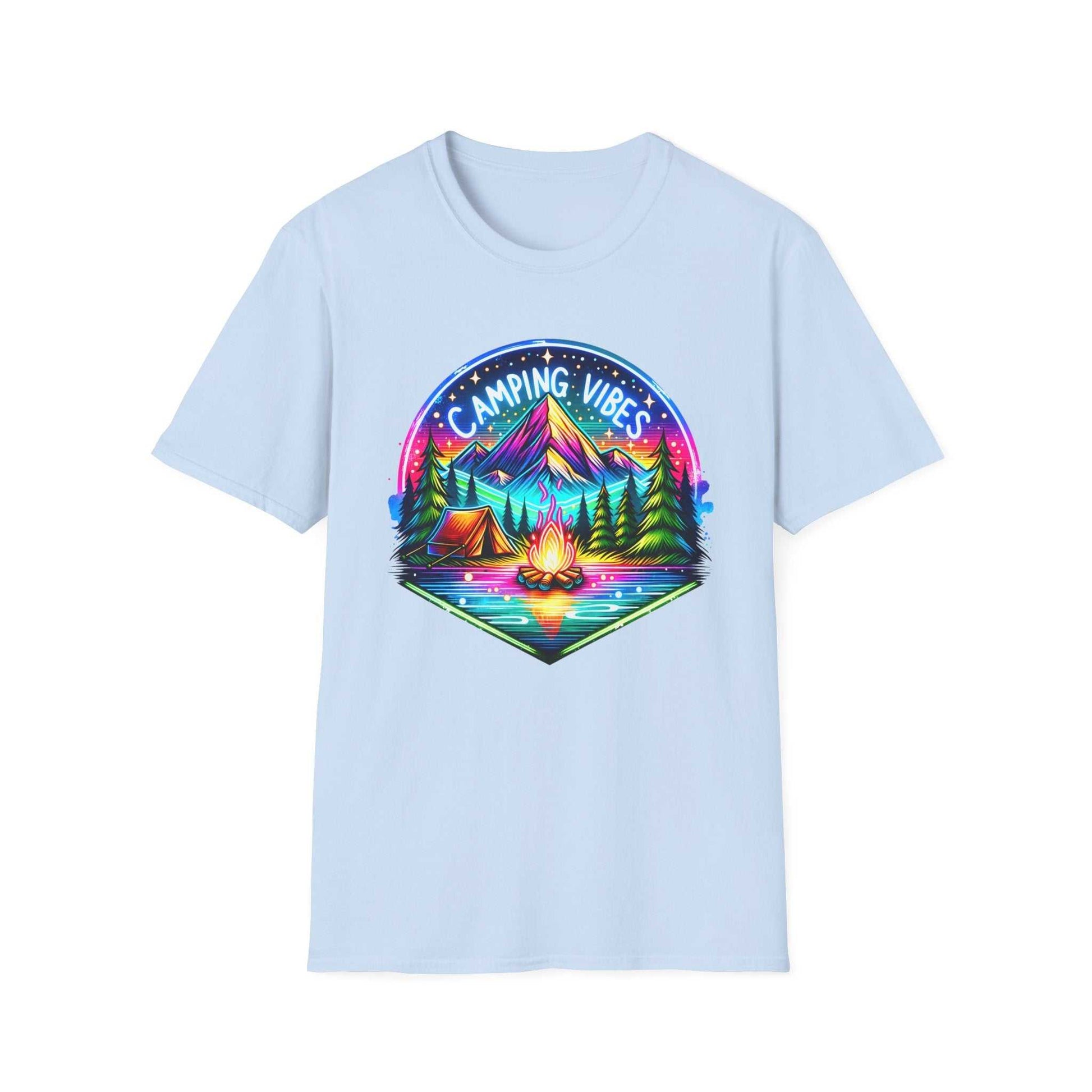 Light blue unisex T-shirt with colorful camping vibes graphic featuring tent, campfire, and mountain scenery.