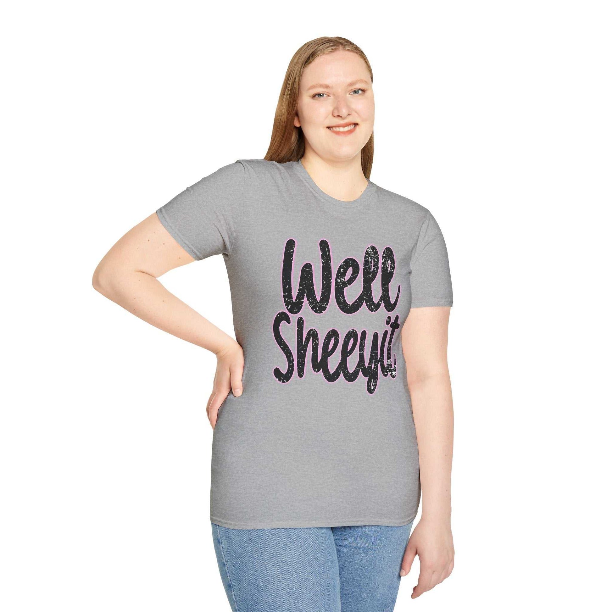 Woman wearing gray casual statement tee with "Well Sheeyit" funny quote in black text