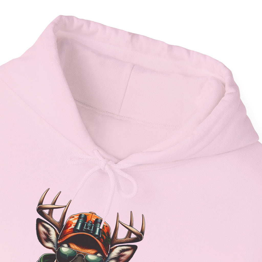 Light pink hooded sweatshirt with bold deer design and adjustable drawstring hood