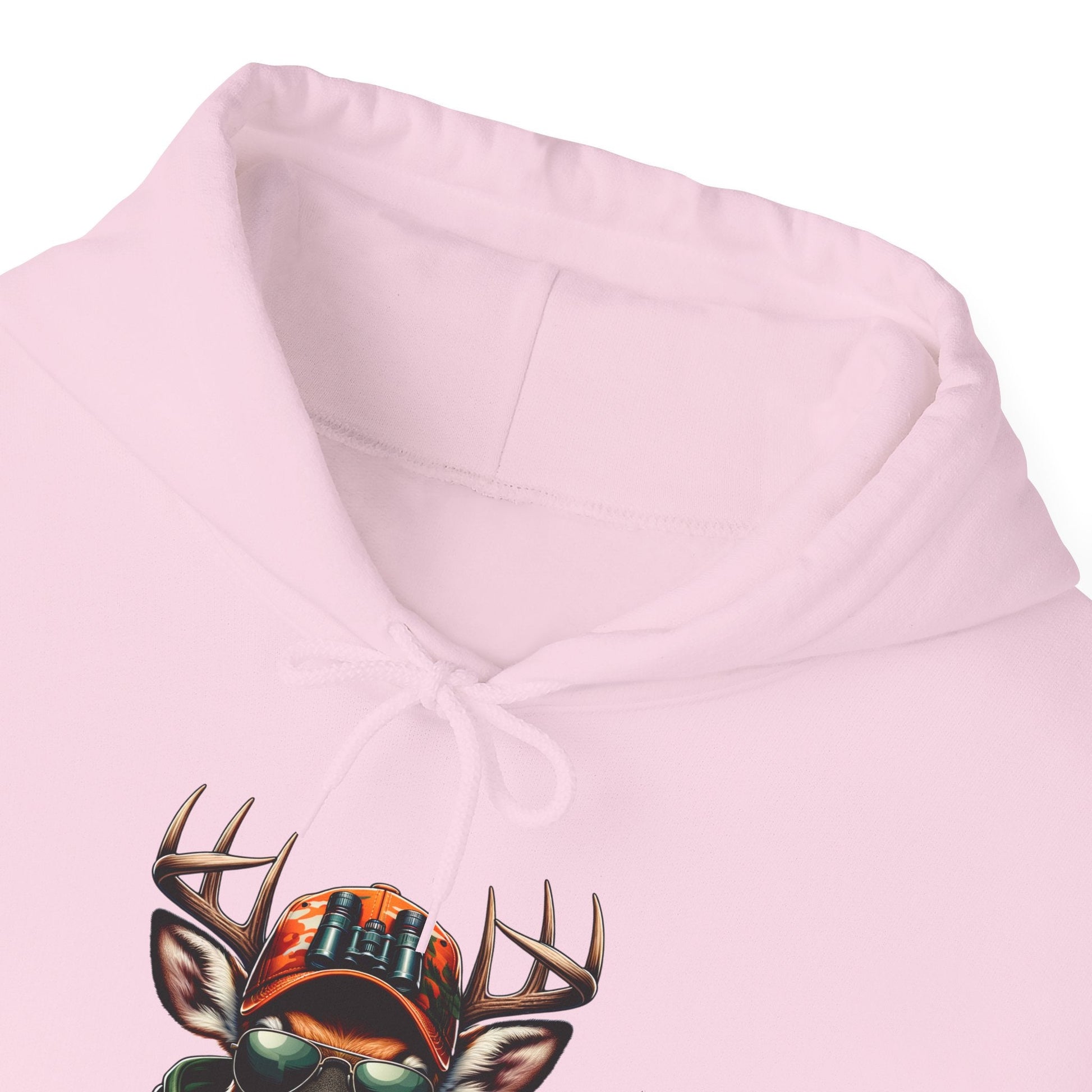Light pink hooded sweatshirt with bold deer design and adjustable drawstring hood