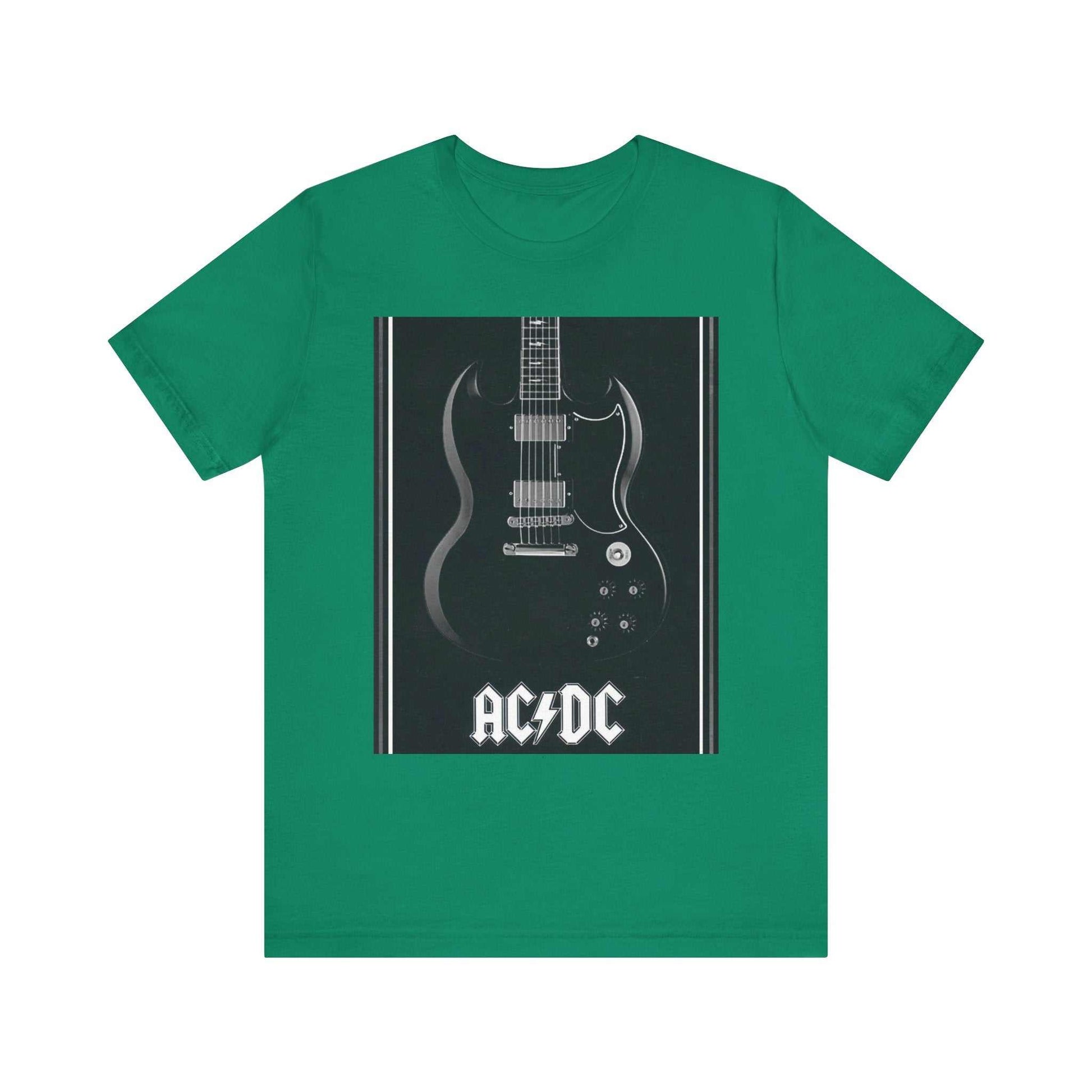 Green unisex rock guitar graphic tee featuring AC/DC design on front