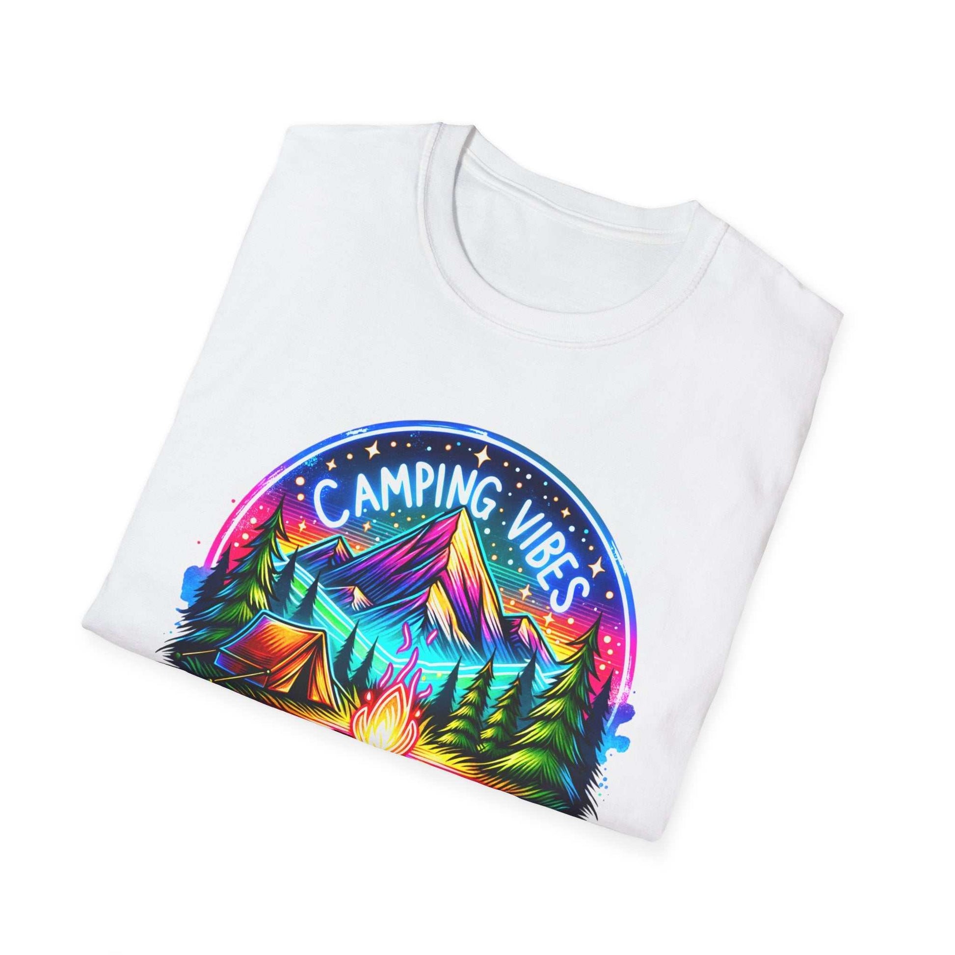 White unisex softstyle t-shirt featuring a colorful "Camping Vibes" mountain and campfire graphic design