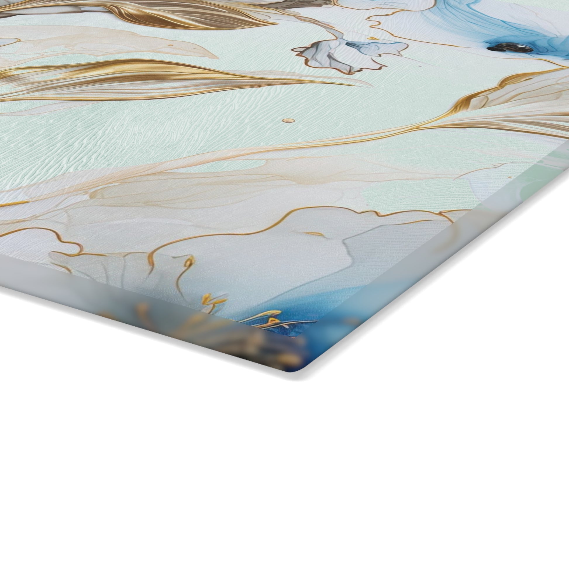 Elegant Aqua Floral Glass Cutting Board with Gold Accents