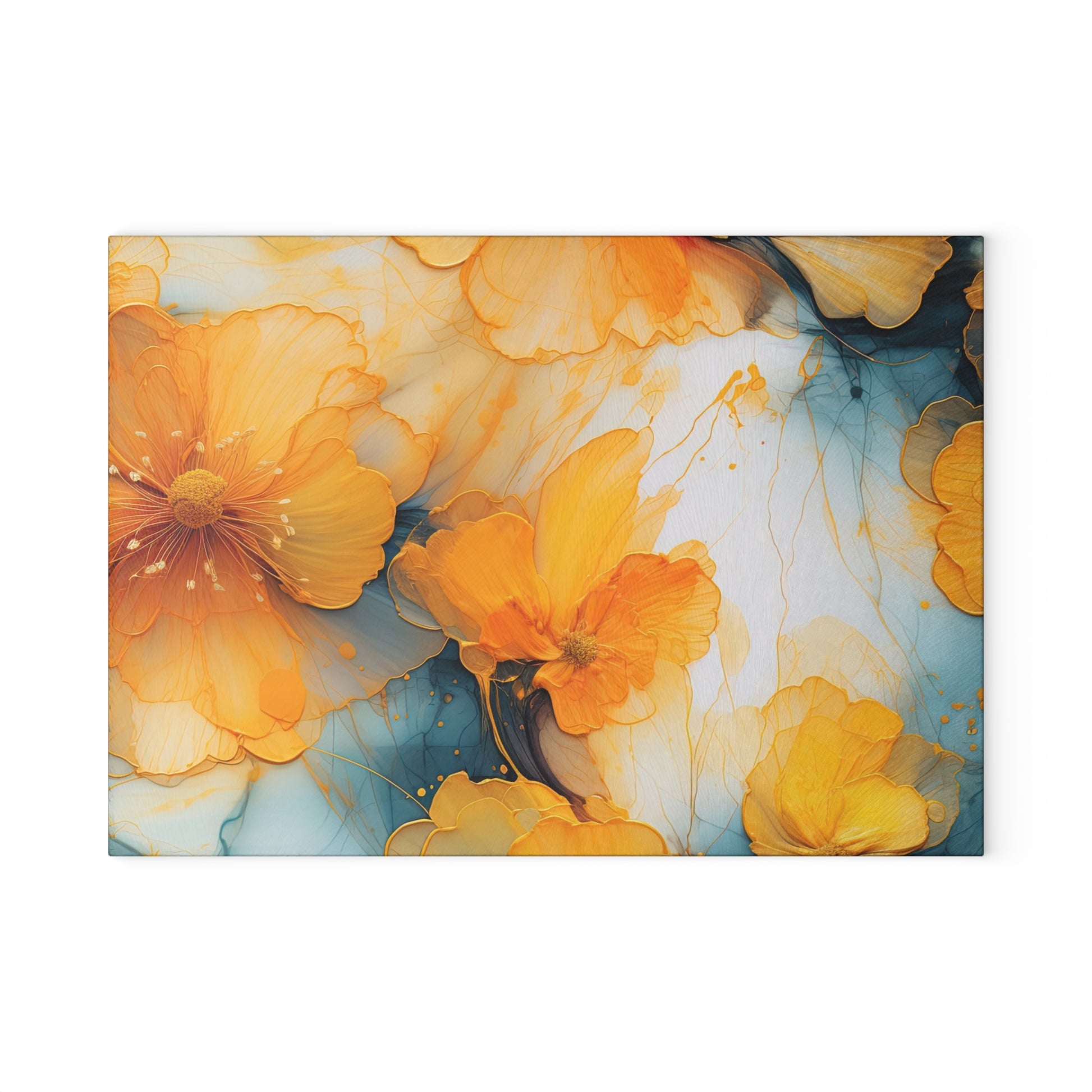 Vibrant Yellow Floral Glass Cutting Board with Blue Accents