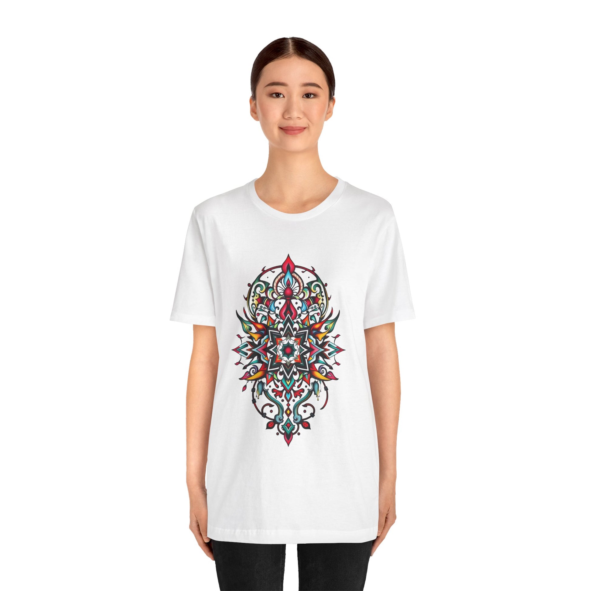 Bold tee featuring a vibrant, intricate mandala design, offered in multiple color options