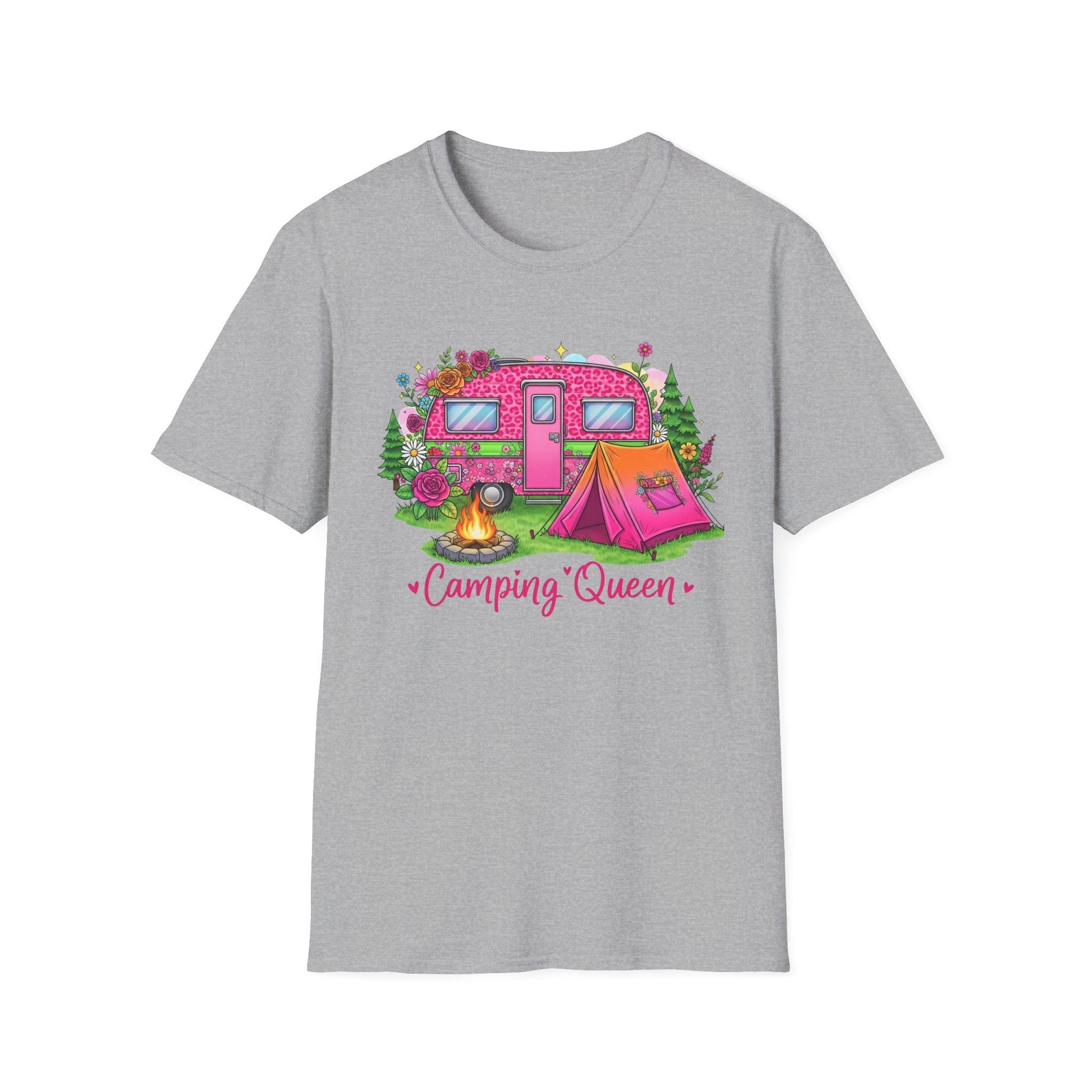 Gray Camping Queen T-Shirt with pink camper, tent, campfire, and trees graphic design