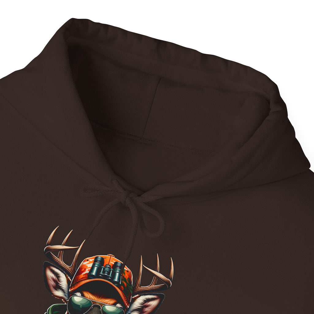 Close-up of brown hooded sweatshirt with bold deer design and orange camouflage hat illustration on front