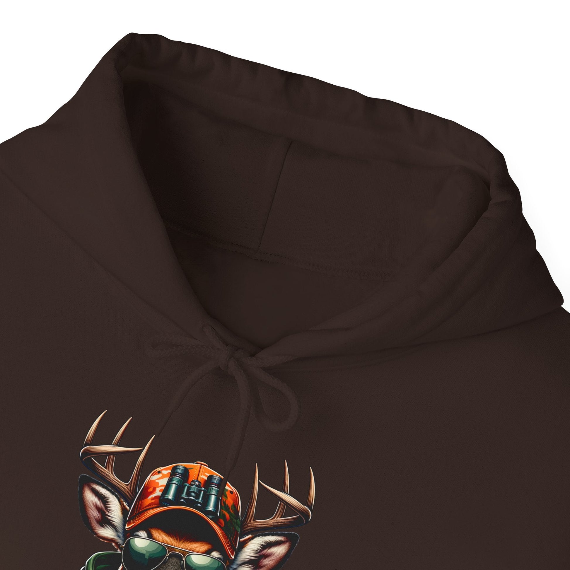 Close-up of brown hooded sweatshirt with bold deer design and orange camouflage hat illustration on front