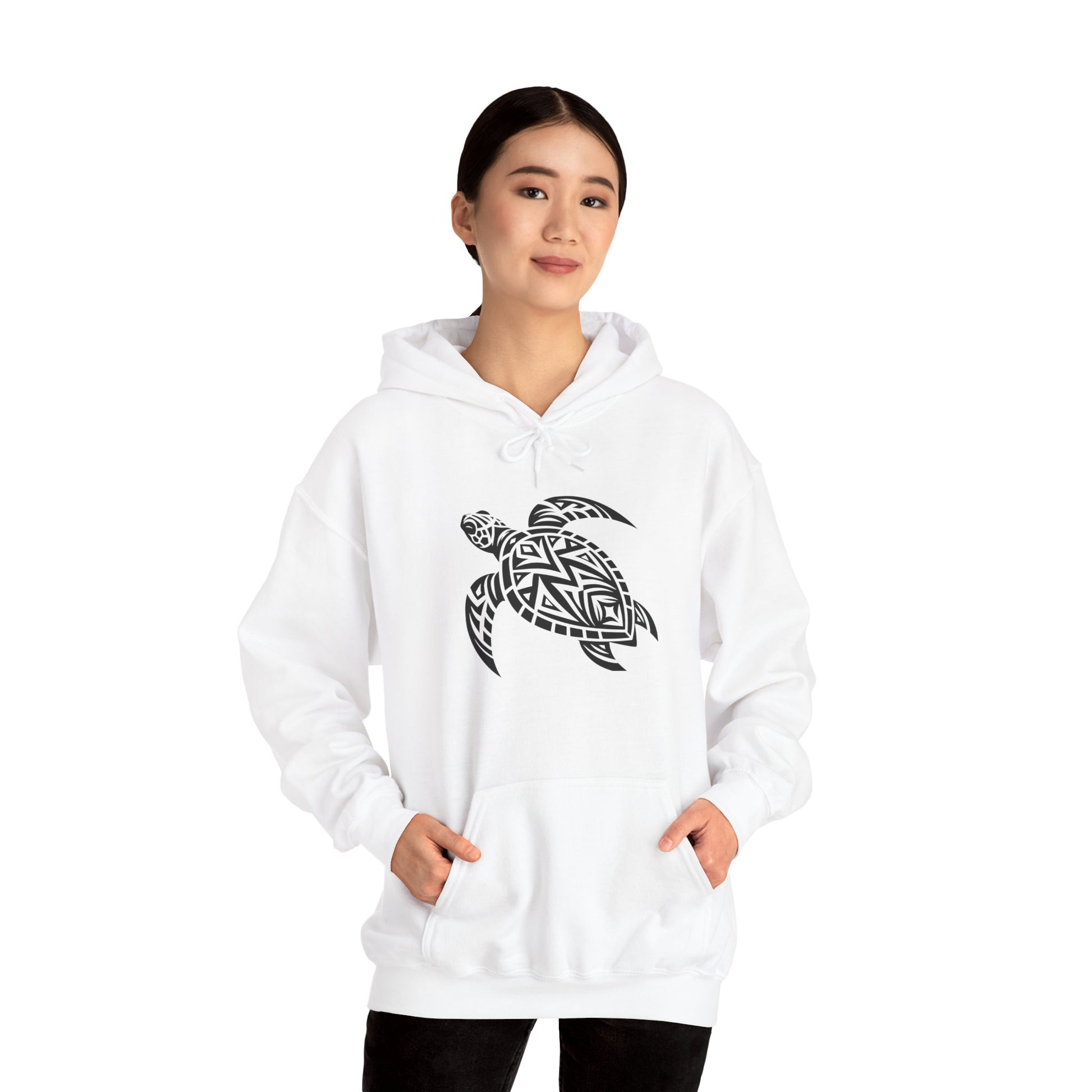 Tribal Sea Turtle Hoodie – Bold Island Spirit on White Pullover