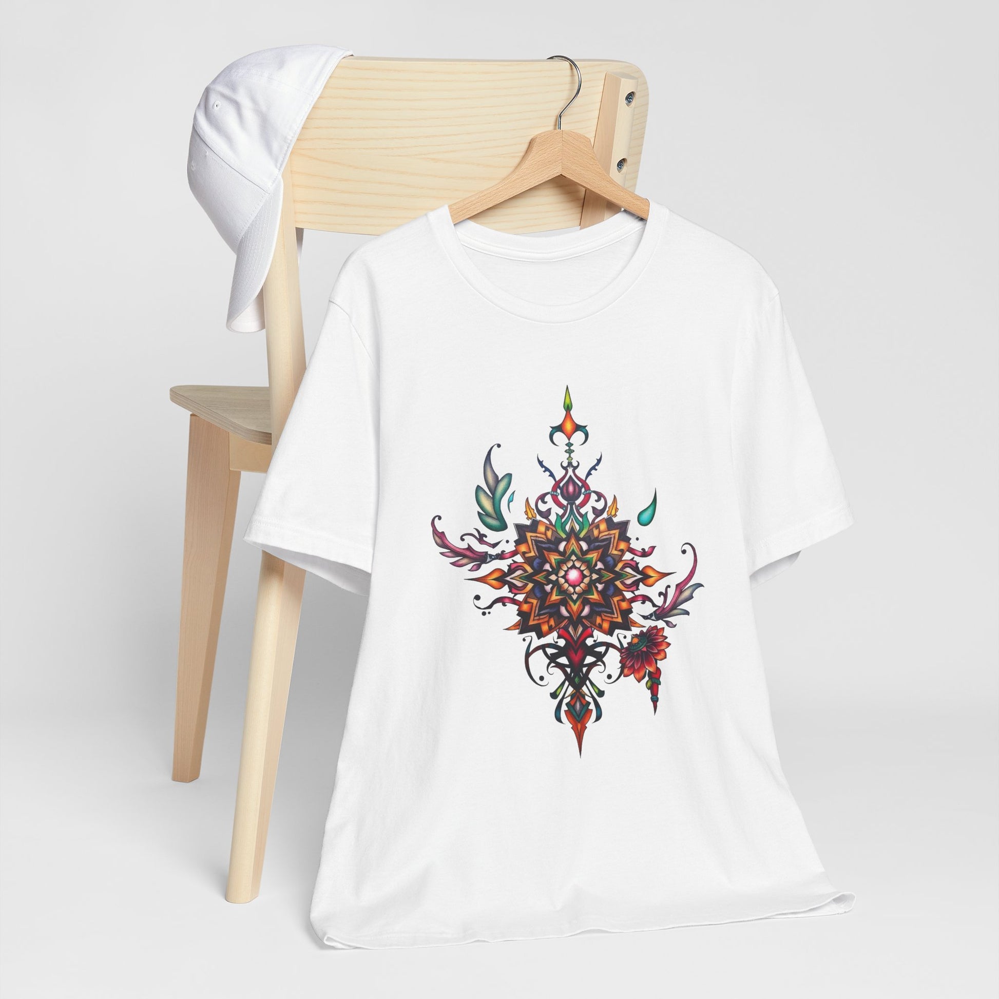 Colorful tee with an ornate mandala and floral design, available in vibrant color options