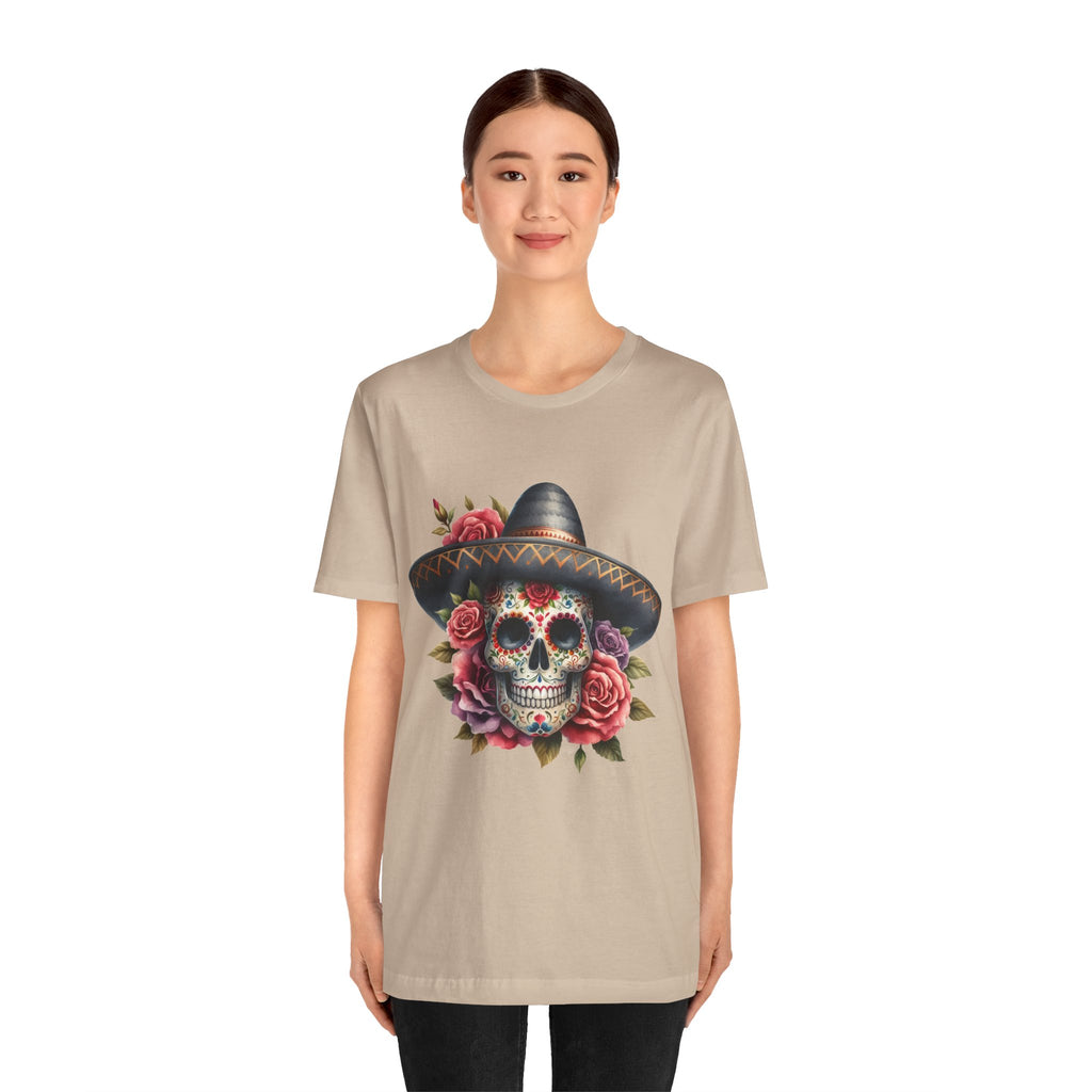 Colorful tee featuring a sugar skull in sombrero and roses for vibrant fiesta vibes