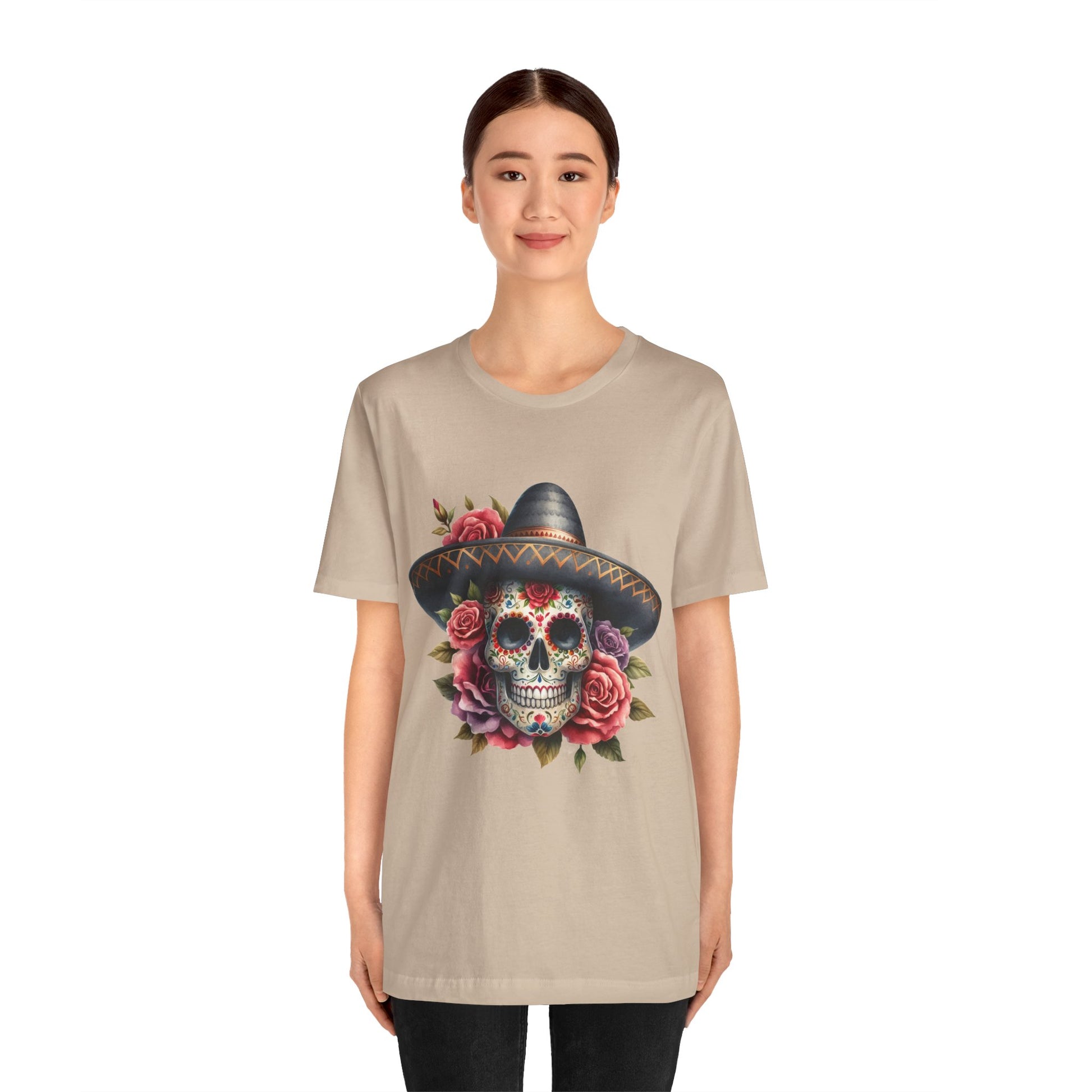 Colorful tee featuring a sugar skull in sombrero and roses for vibrant fiesta vibes