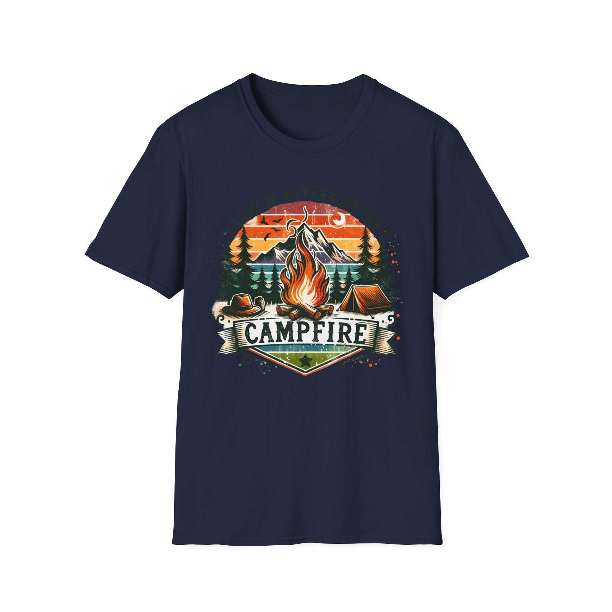 Camping Adventure Unisex T-Shirt with vibrant campfire design on navy blue background