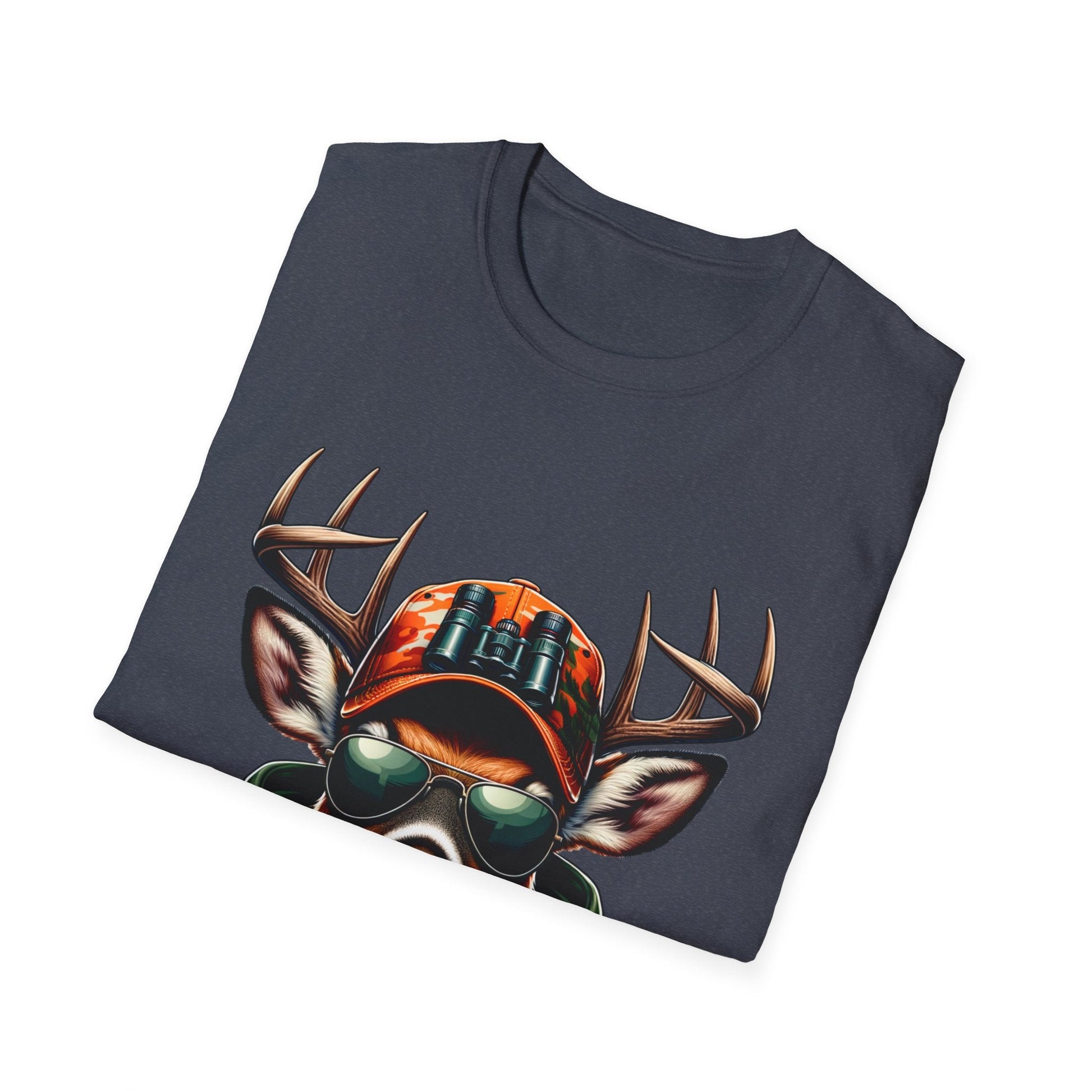 Folded navy Hunting Enthusiast T-Shirt with graphic of deer wearing sunglasses, camouflage hat, and binoculars.