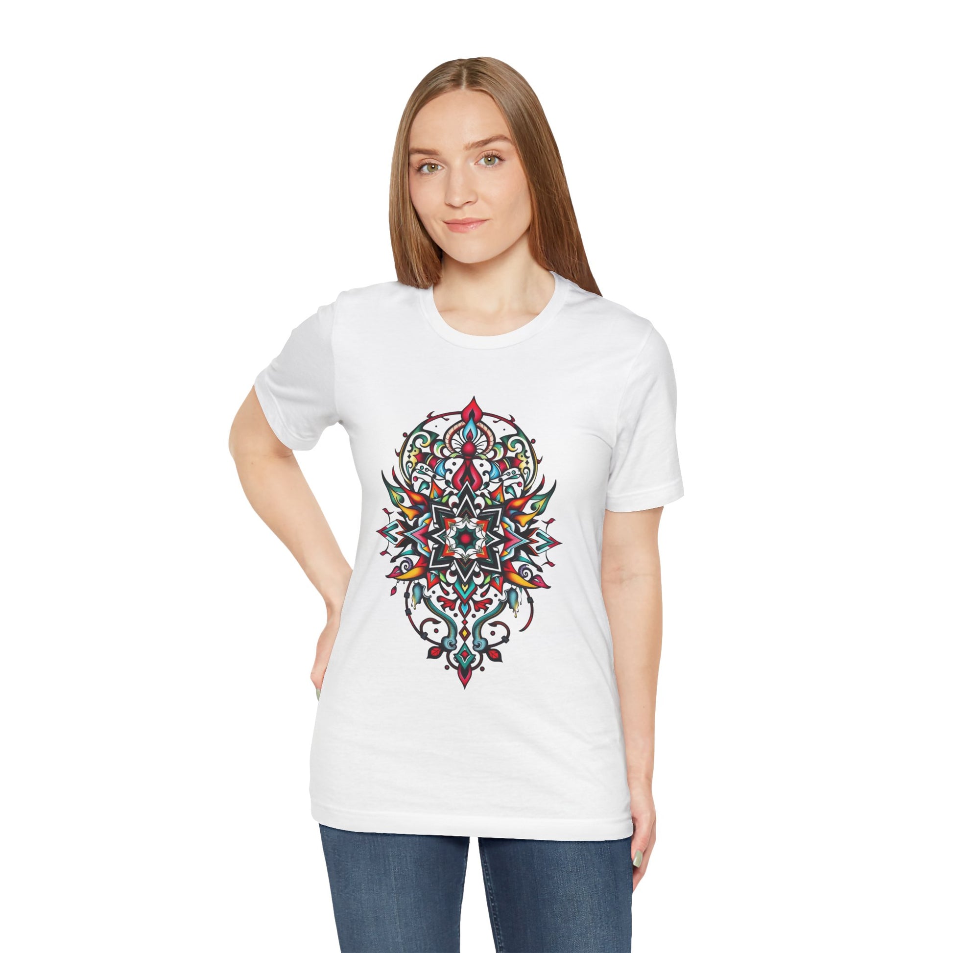 Bold tee featuring a vibrant, intricate mandala design, offered in multiple color options