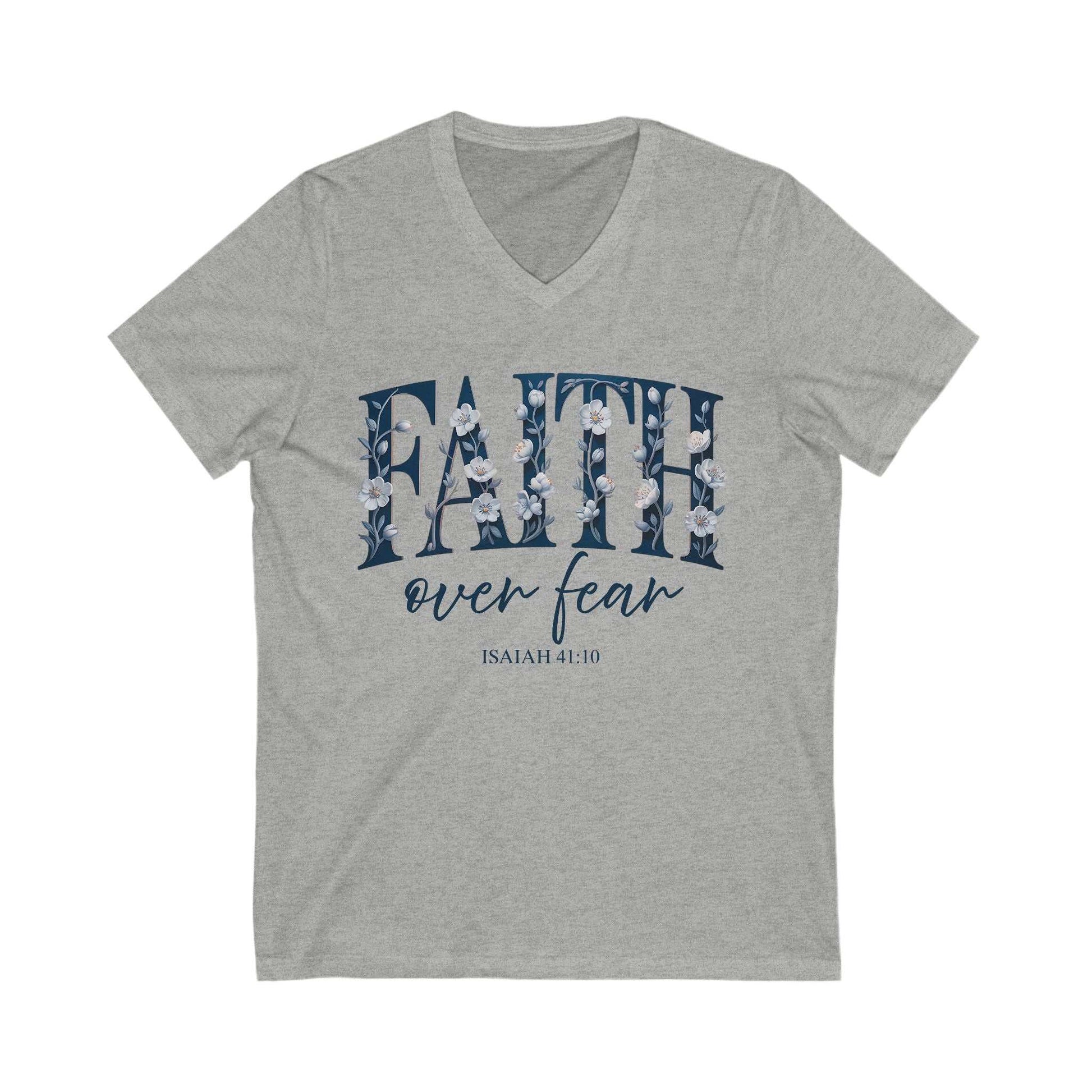 Gray Faith Over Fear V-neck tee with floral design and Isaiah 41:10 scripture text