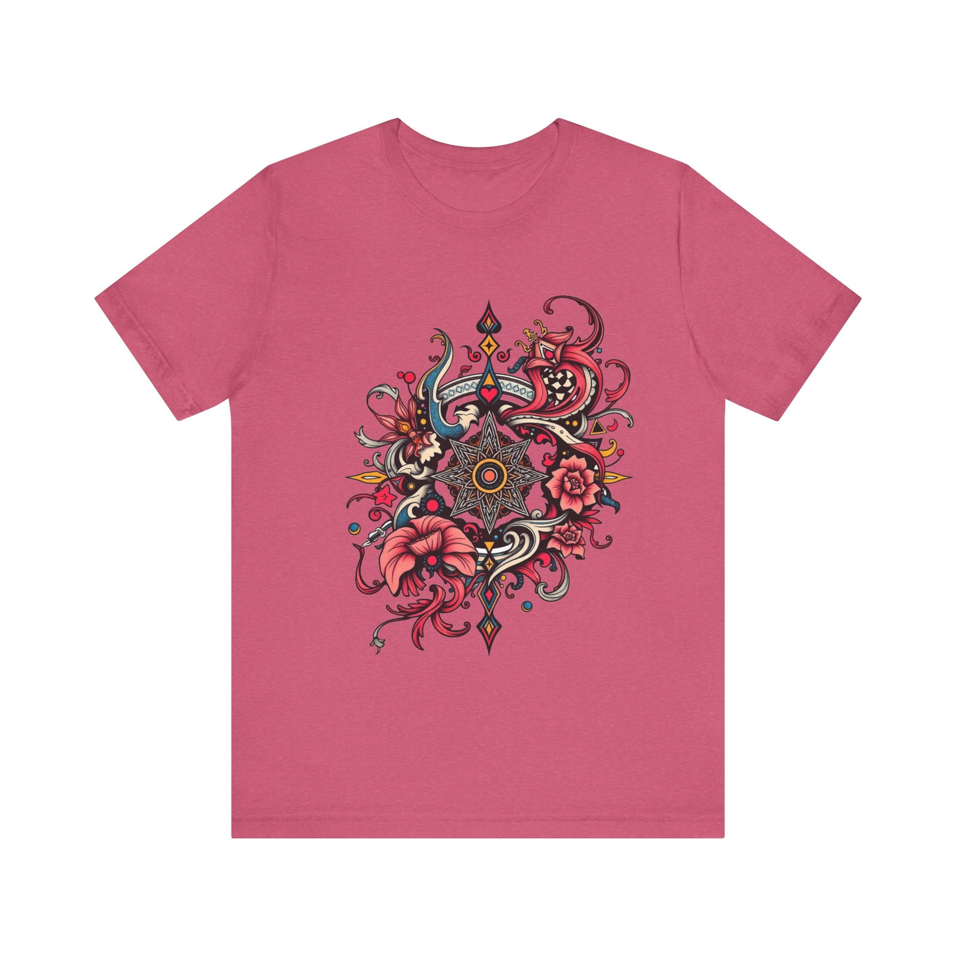 Vibrant tee with ornate red floral mandala design, offered in multiple bold color options