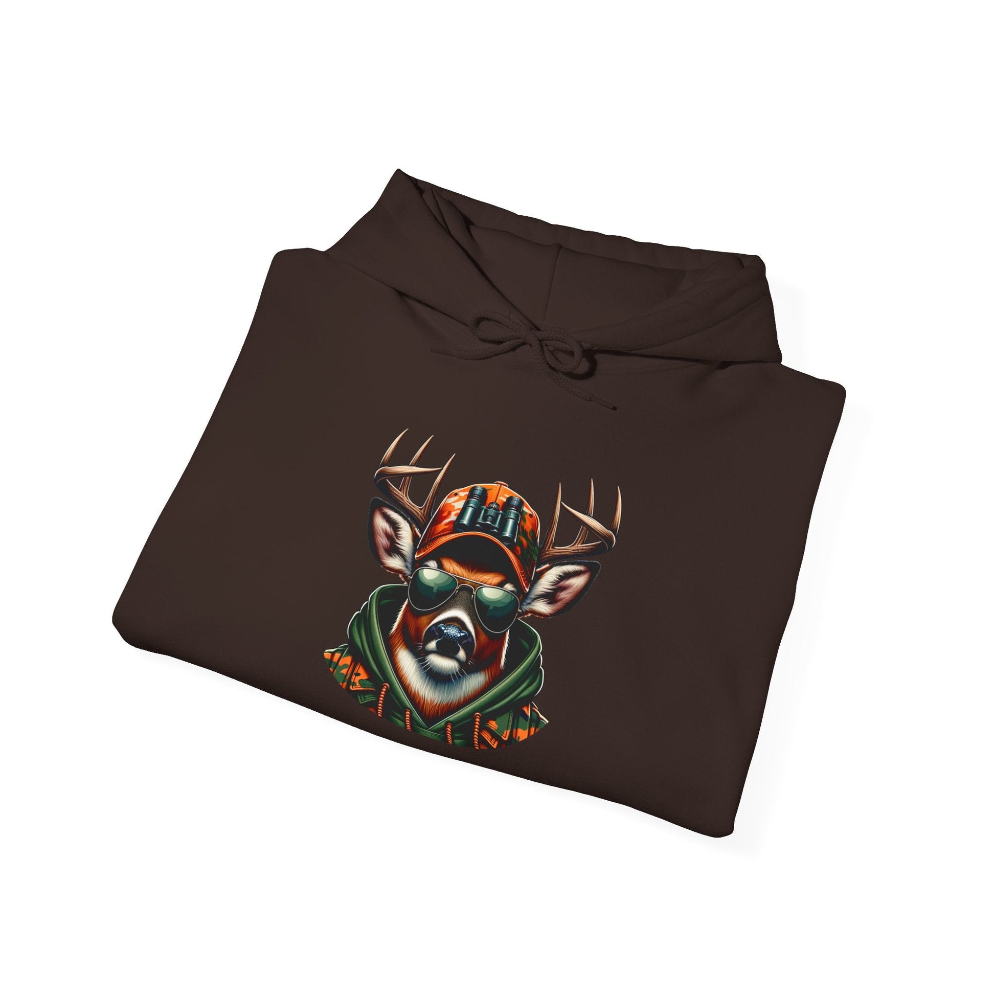 Folded brown hooded sweatshirt featuring a bold deer graphic wearing sunglasses and a camo hat.