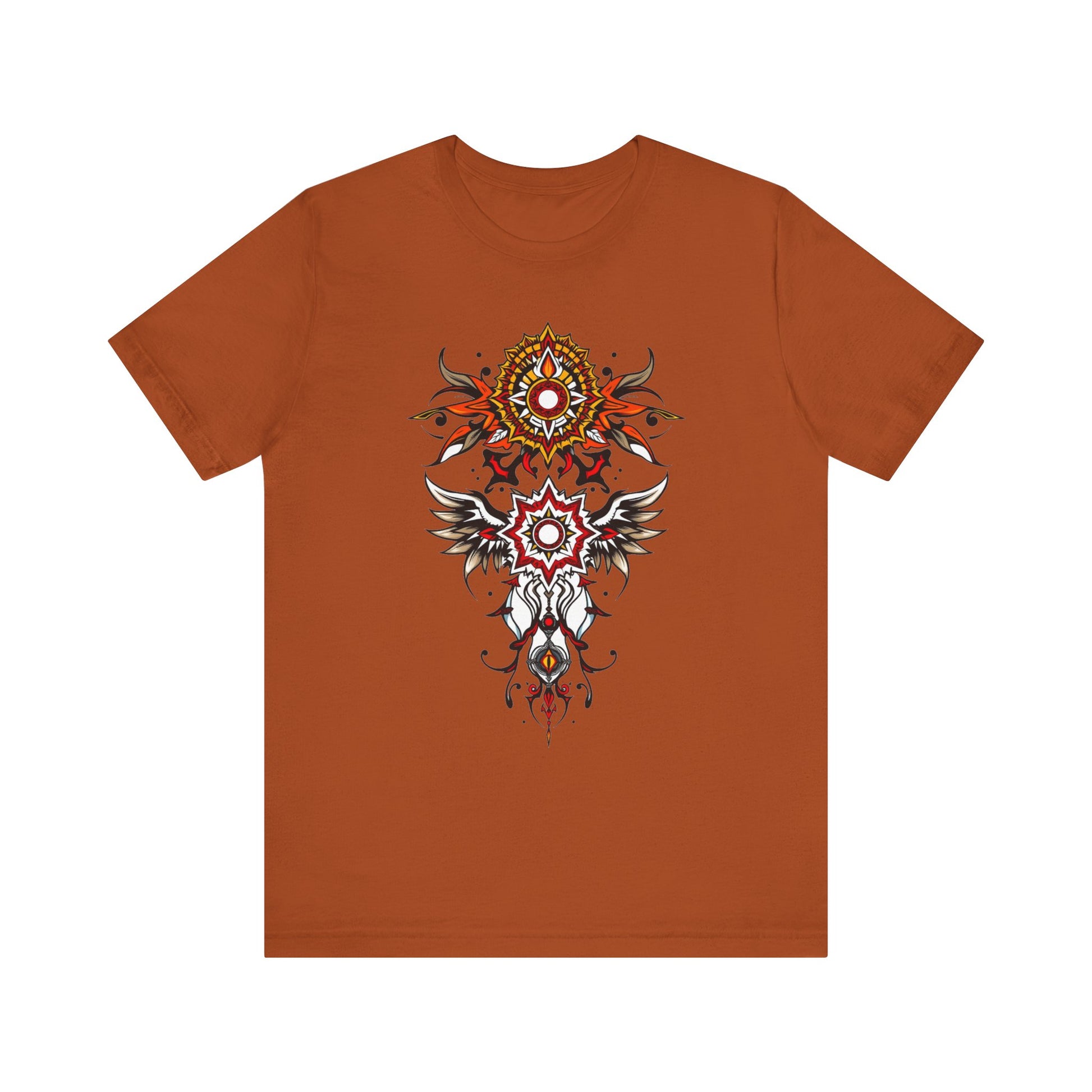 Turn heads in this tee, available in vibrant colors, showcasing a fiery red and gold tribal mandala for bold, artistic style