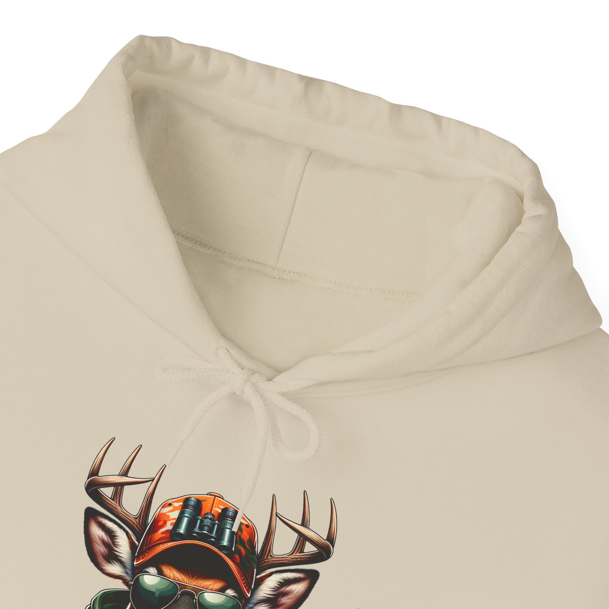 Beige hooded sweatshirt with bold deer design wearing camo cap and binoculars illustration on front