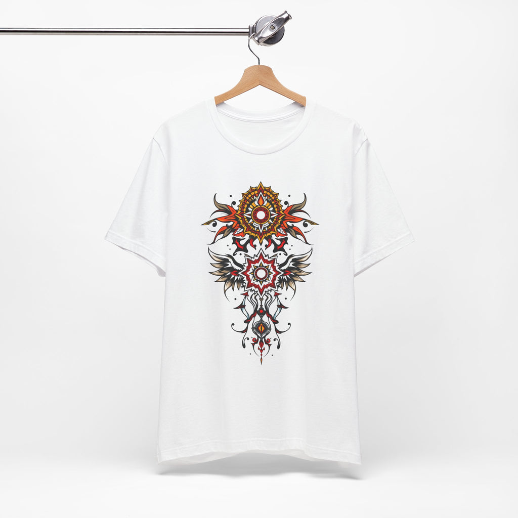 Turn heads in this tee, available in vibrant colors, showcasing a fiery red and gold tribal mandala for bold, artistic style