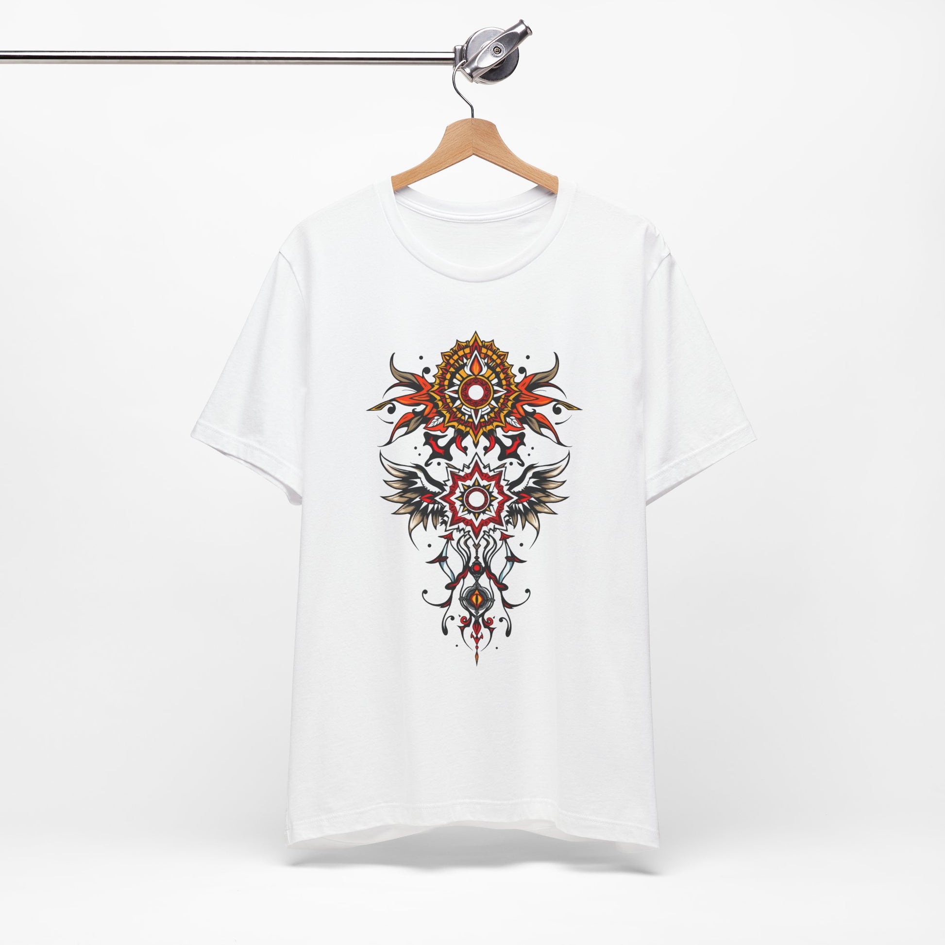 Turn heads in this tee, available in vibrant colors, showcasing a fiery red and gold tribal mandala for bold, artistic style