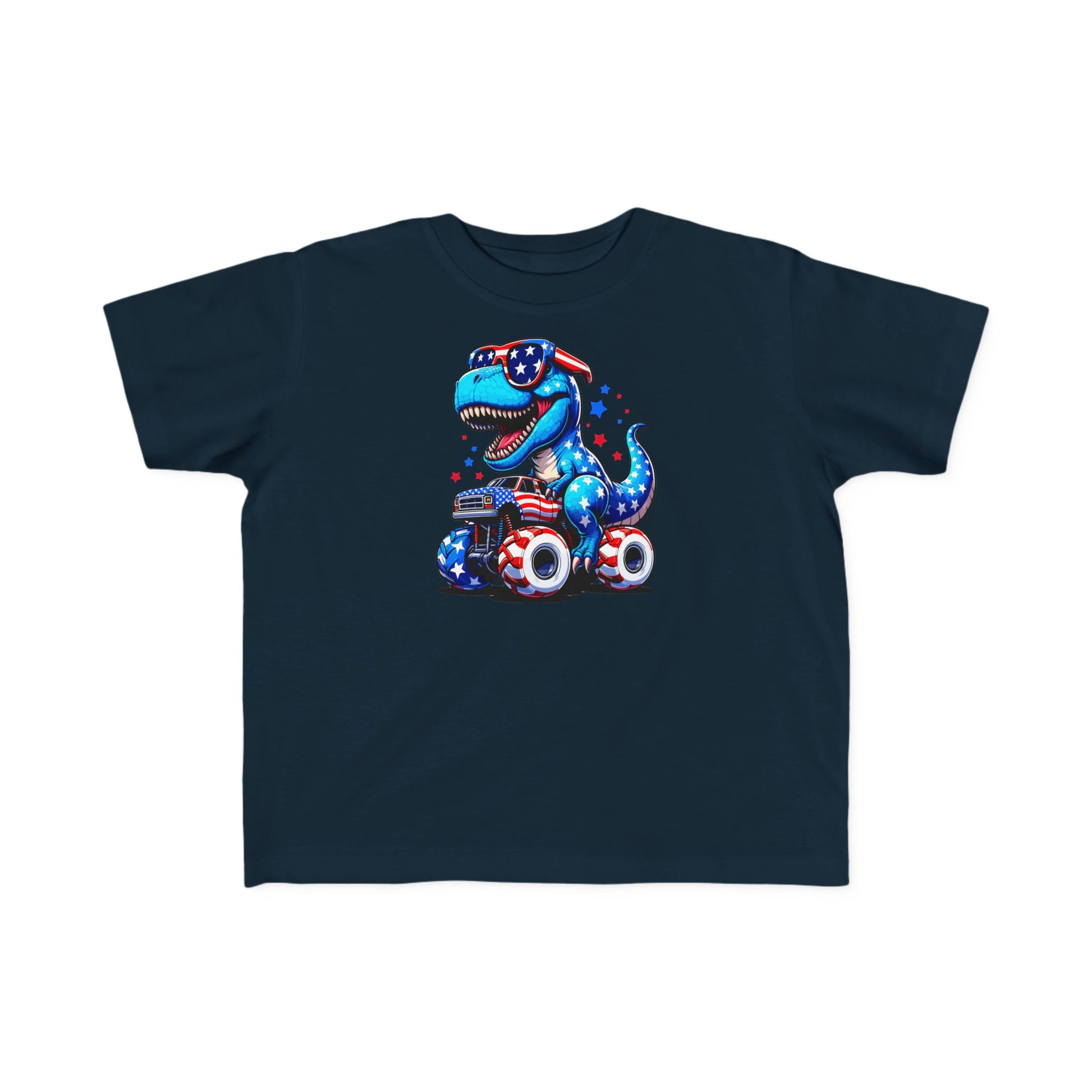 Patriotic Dino Monster Truck Kids’ T-Shirt – USA Stars & Stripes T-Rex Tee