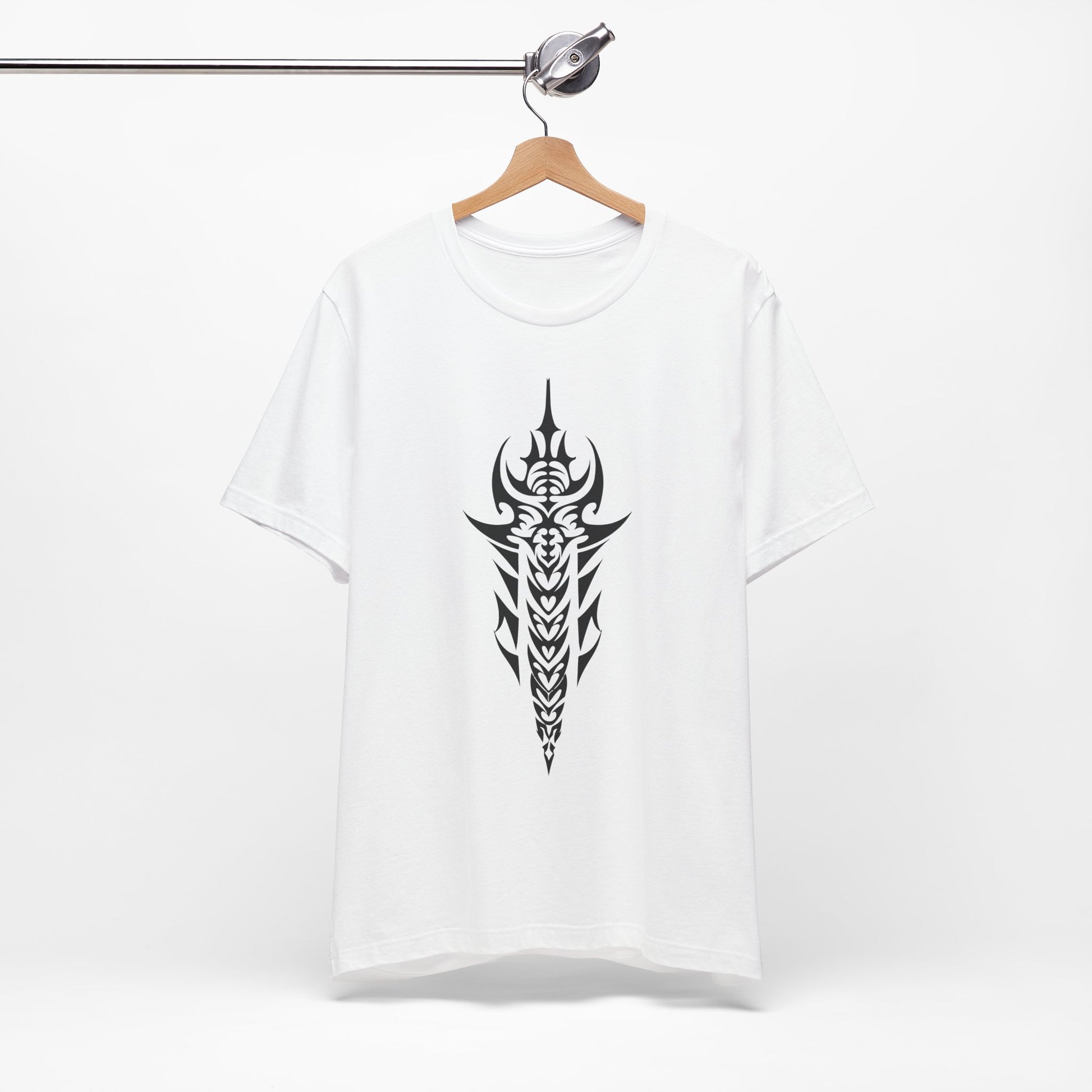 Tribal Sword T-Shirt – Bold Black Tattoo Art on Aqua Tee