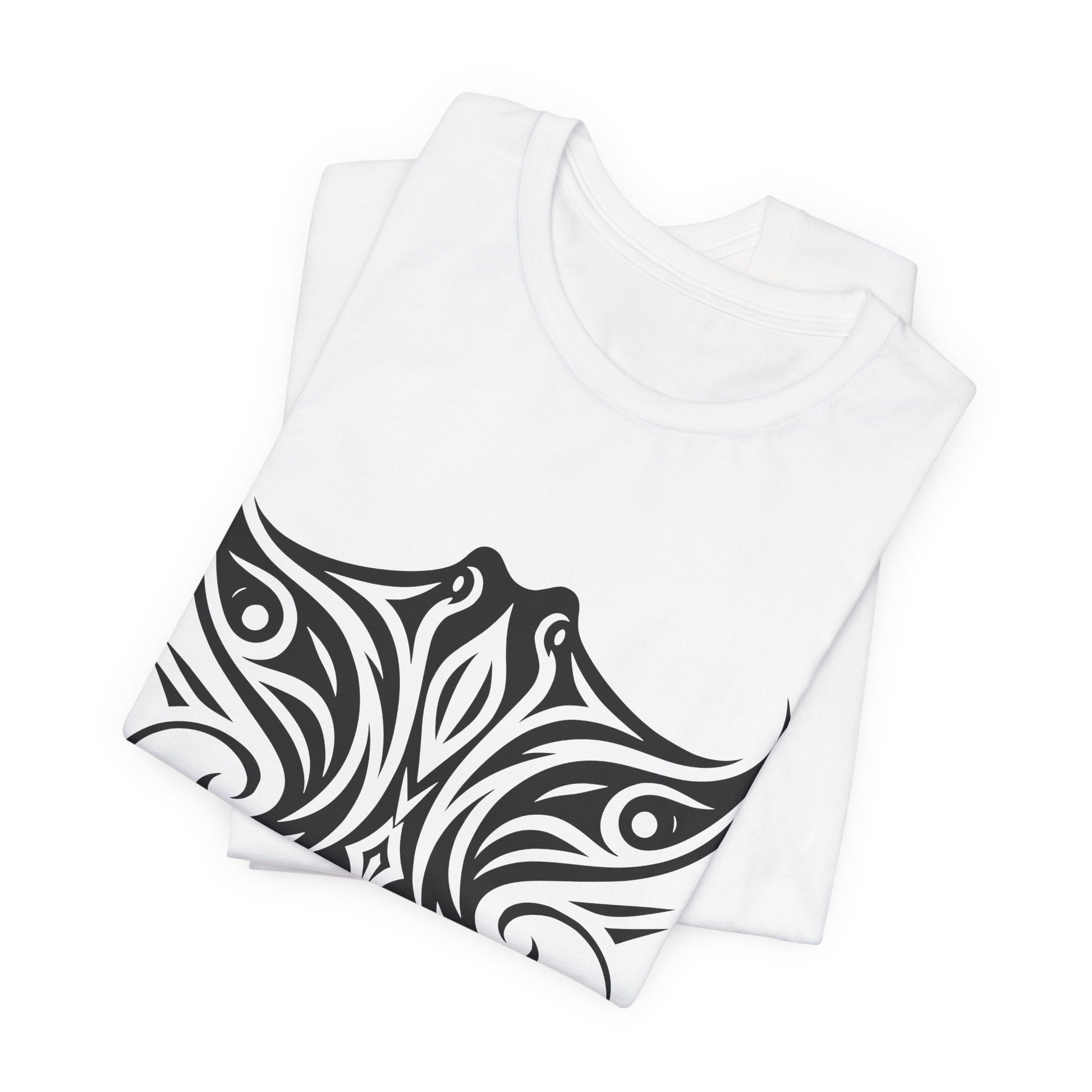 Tribal Manta Ray Tee – Bold Ocean Spirit Art on Sand-Colored Shirt