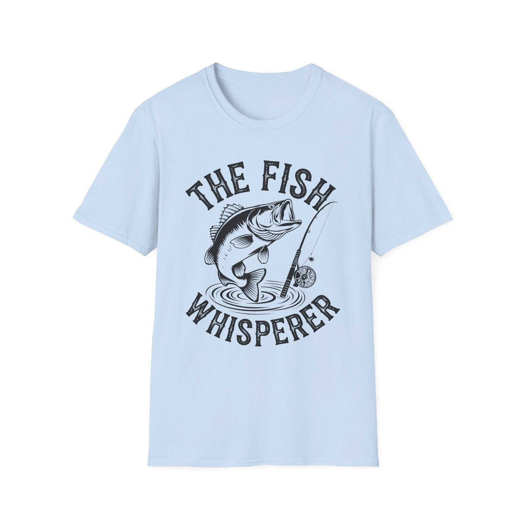 Light blue unisex softstyle t-shirt with "The Fish Whisperer" fishing graphic print