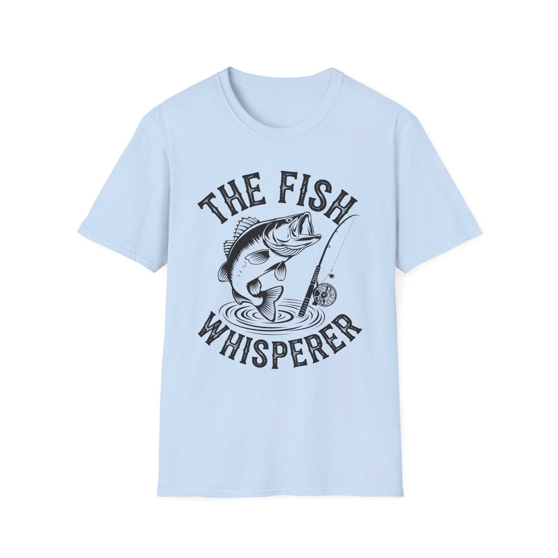 Light blue unisex softstyle t-shirt with "The Fish Whisperer" fishing graphic print