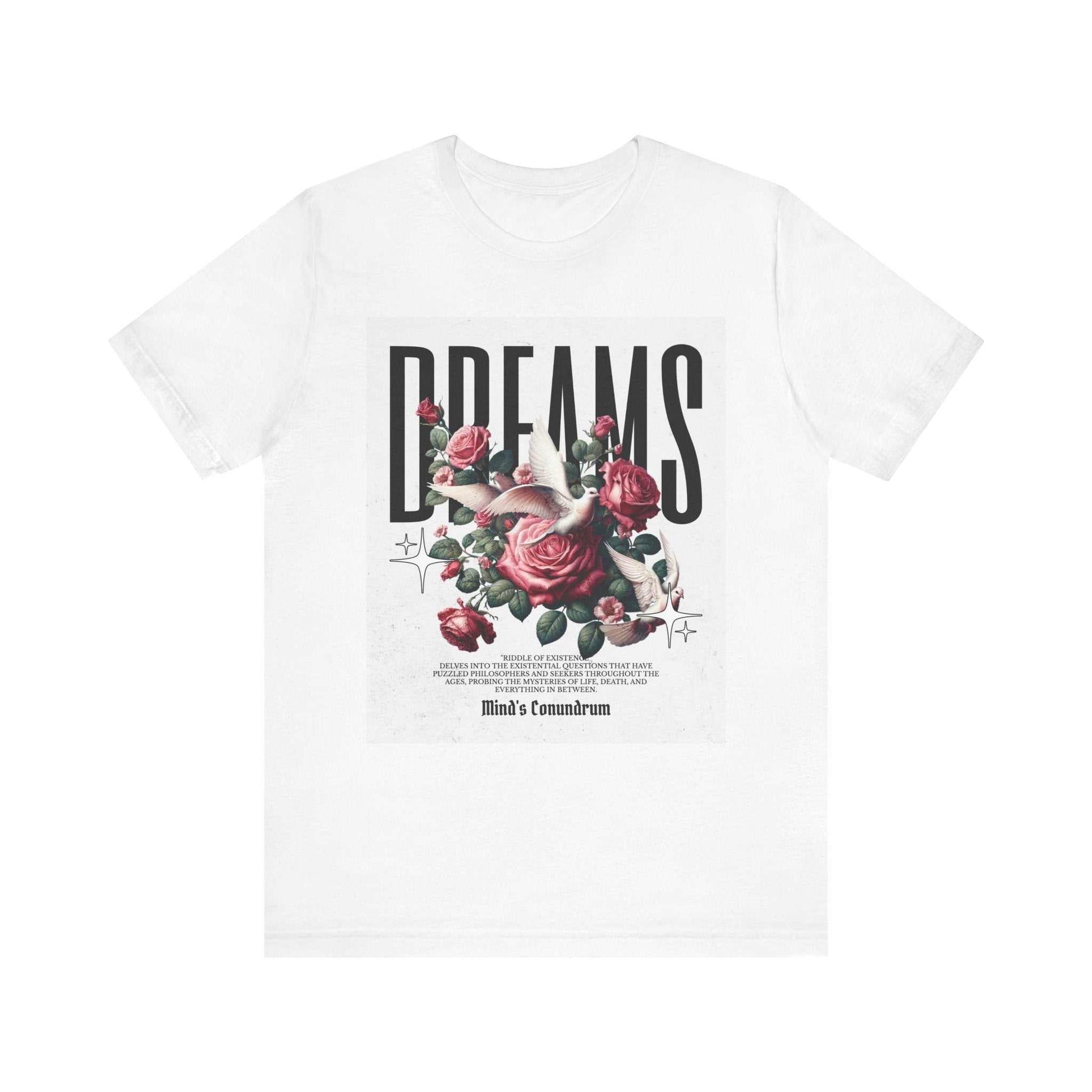 White Dreams Floral Tee with bold typography and red rose design, unisex short sleeve cotton shirt