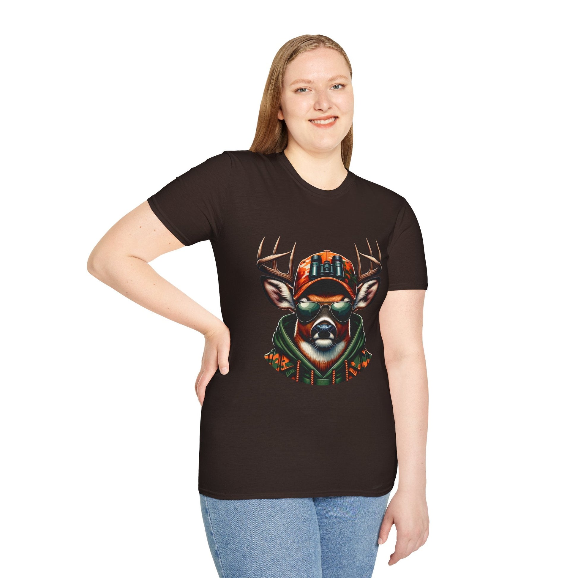 Woman wearing a black Hunting Enthusiast T-Shirt with a graphic of a deer wearing sunglasses and a hat.