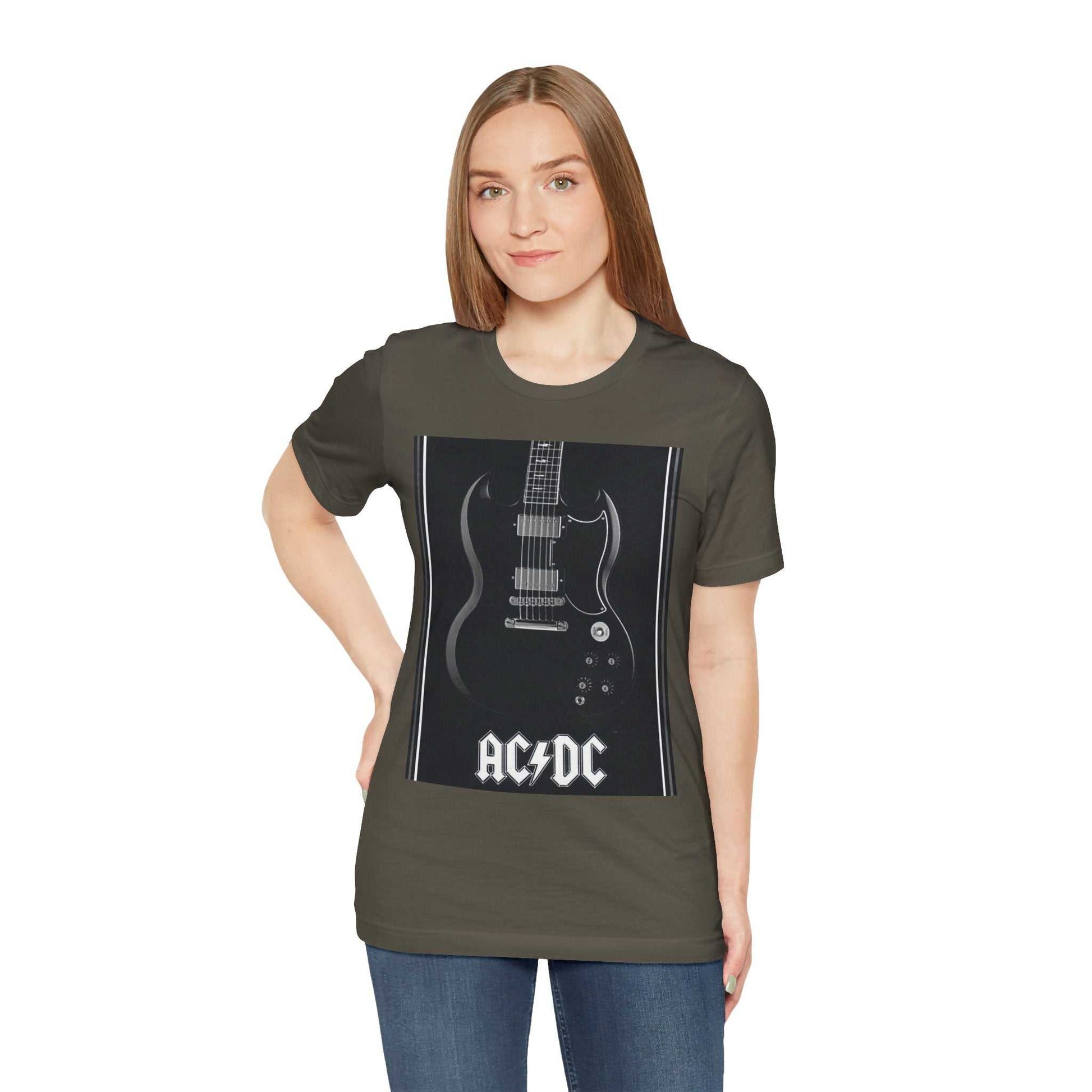 Woman wearing olive green rock guitar graphic tee with AC/DC logo and electric guitar image