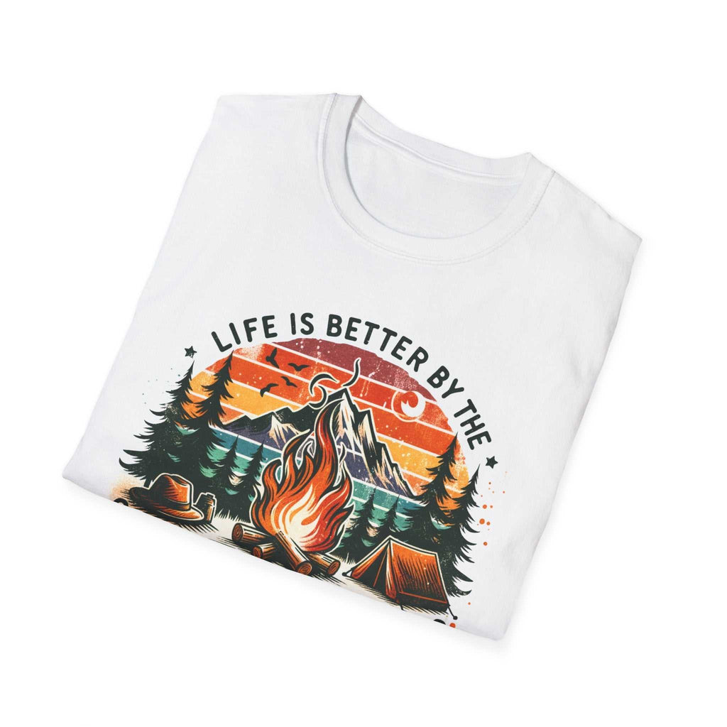 White unisex t-shirt with a colorful campfire and mountain design and the phrase "Life is Better by the Campfire" printed on the front.